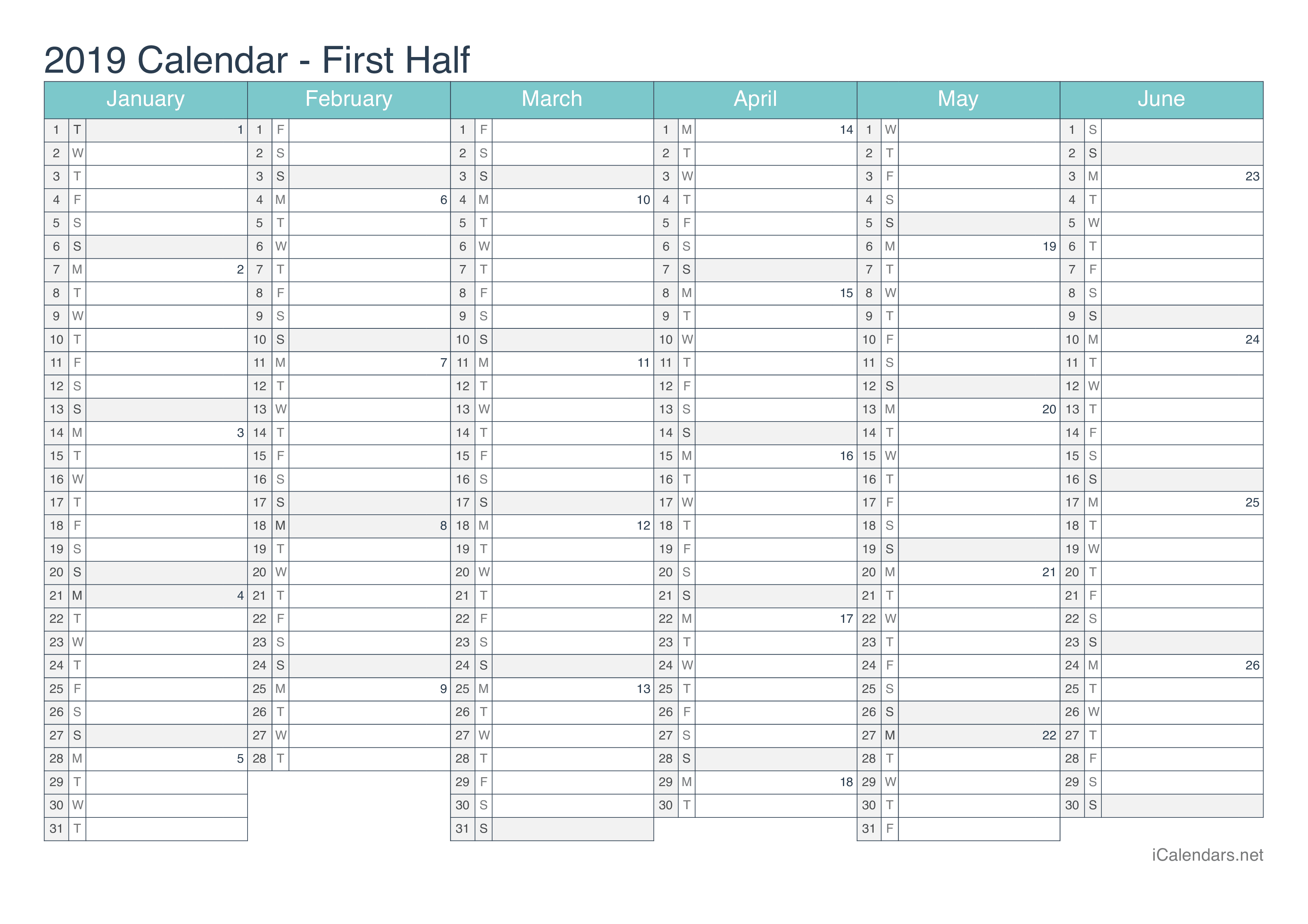 2019 Half year calendar with week numbers - Turquoise