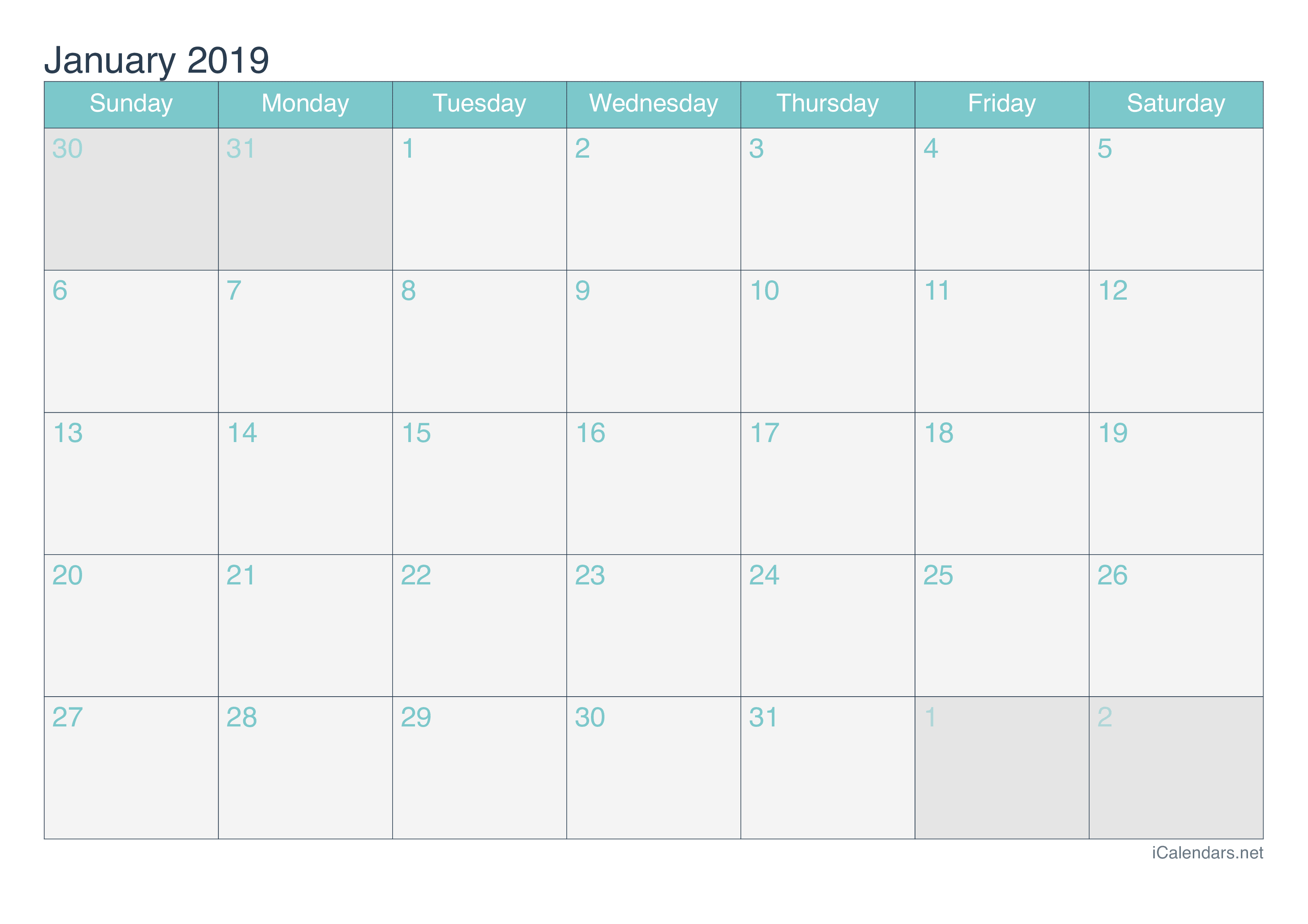 2019 Monthly Calendar - Turquoise