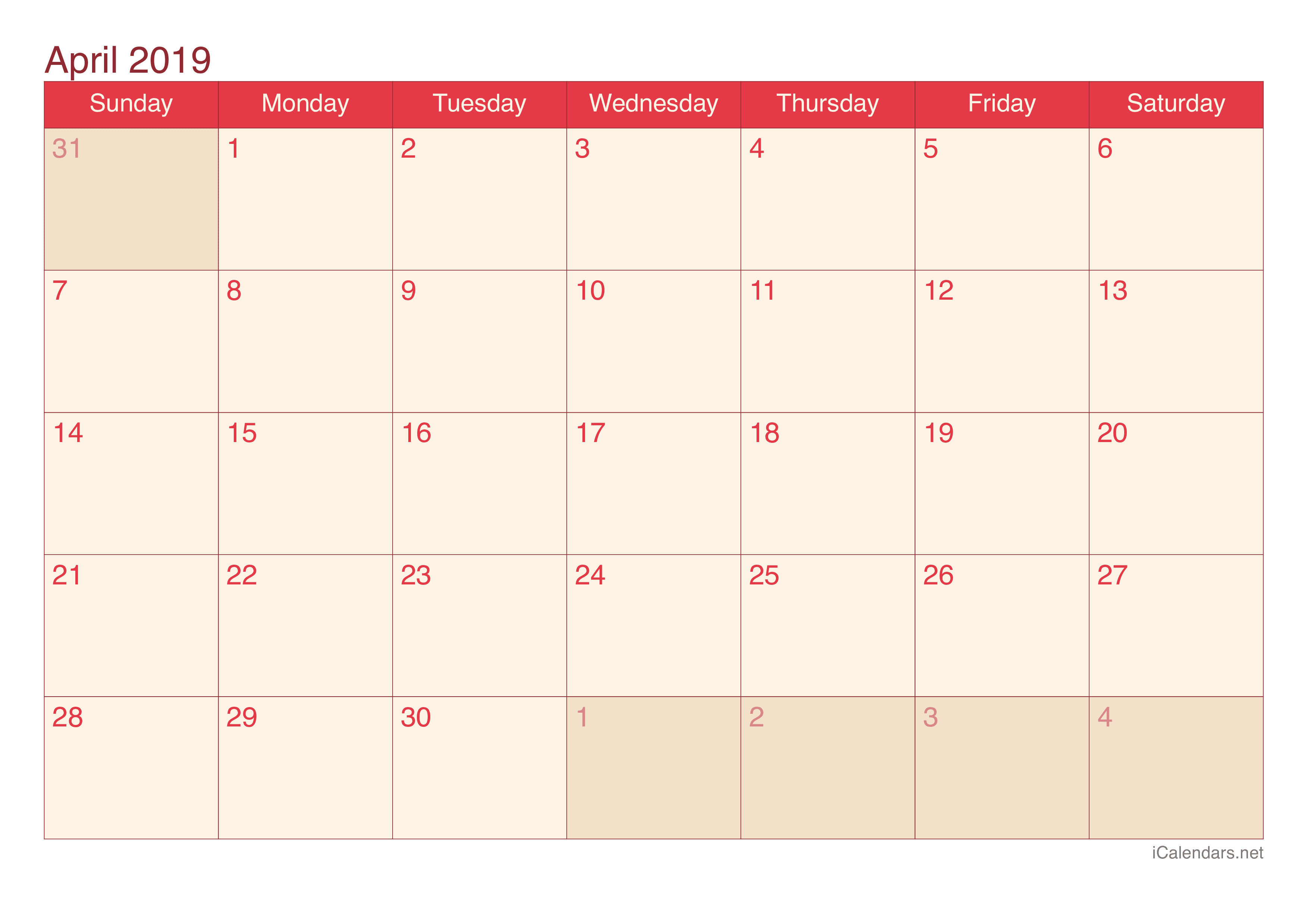 2019 April Calendar - Cherry