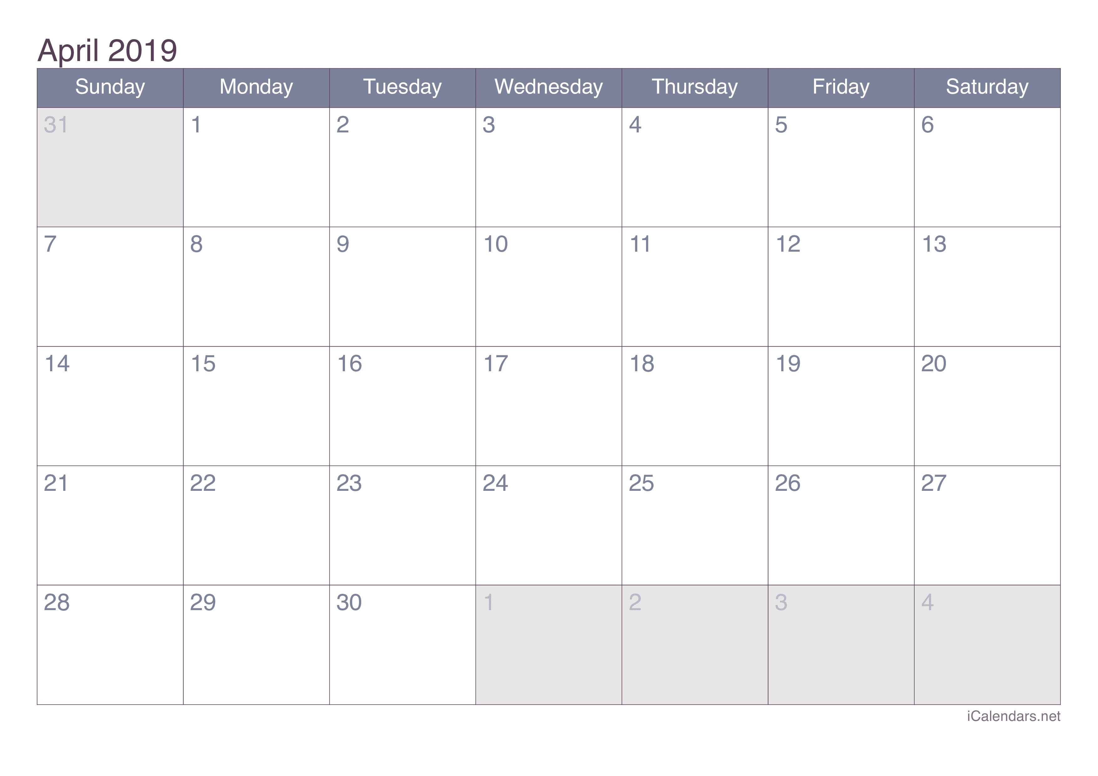 2019 April Calendar - Office