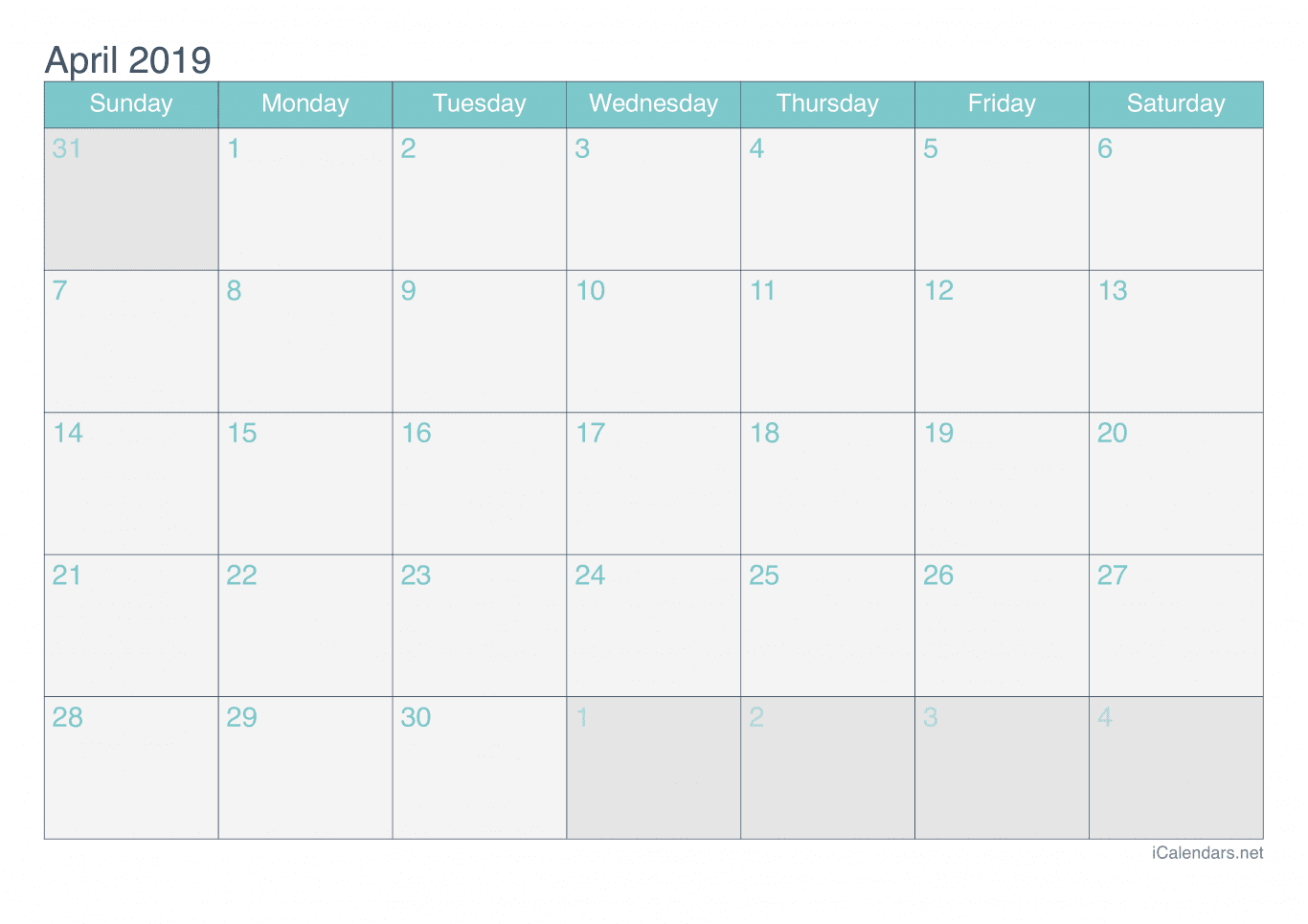 2019 April Calendar - Turquoise