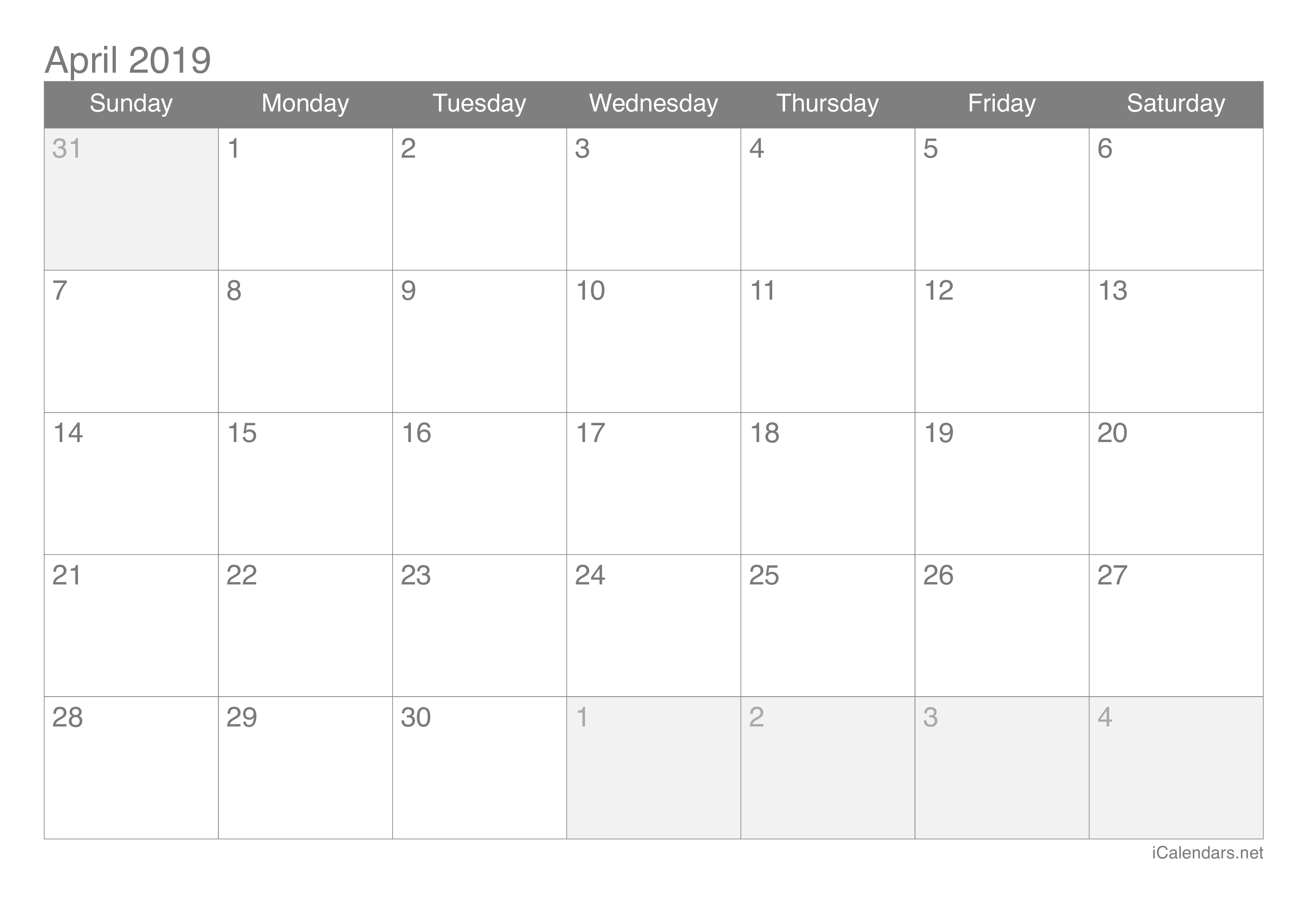 2019 April Calendar