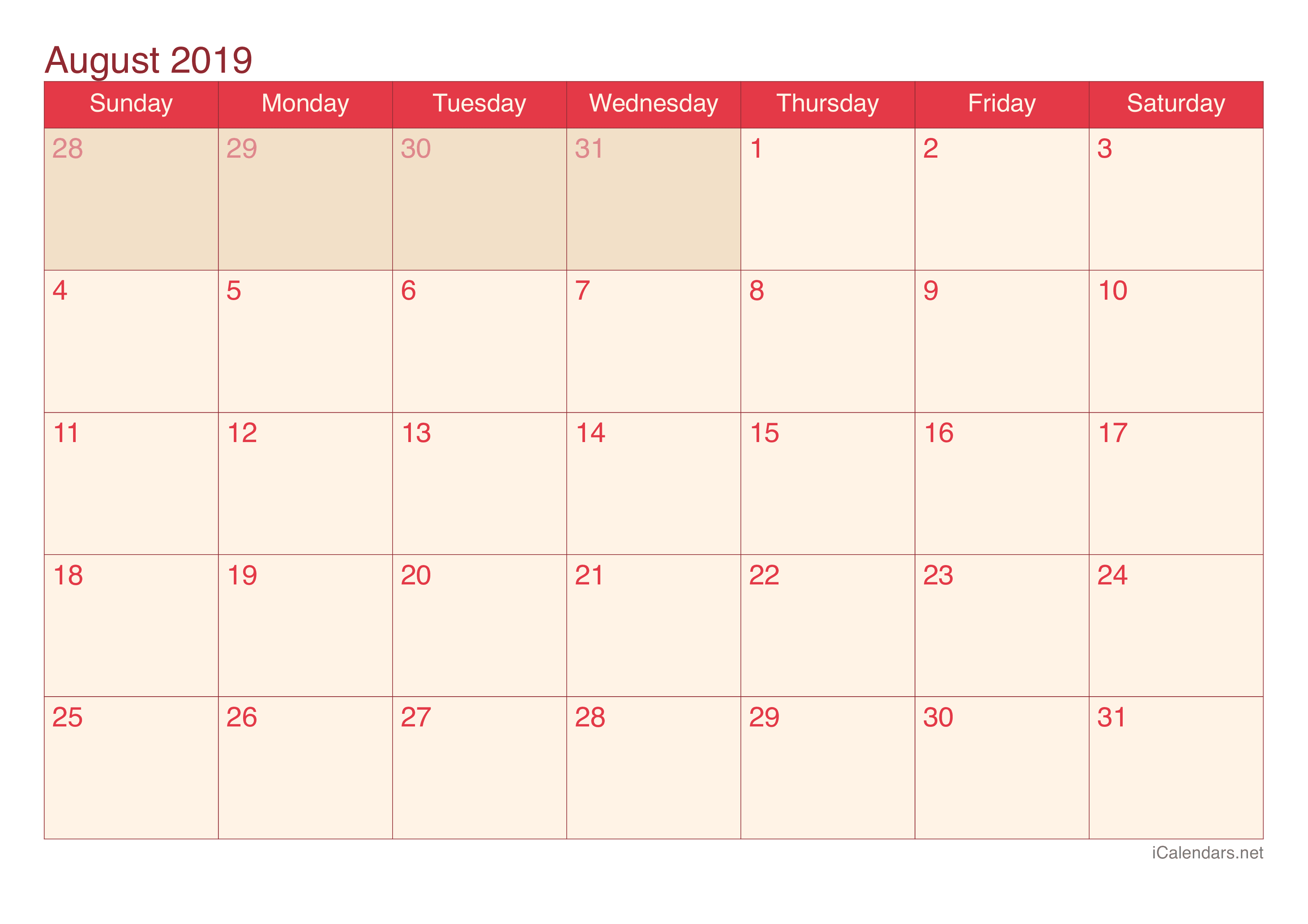 2019 August Calendar - Cherry