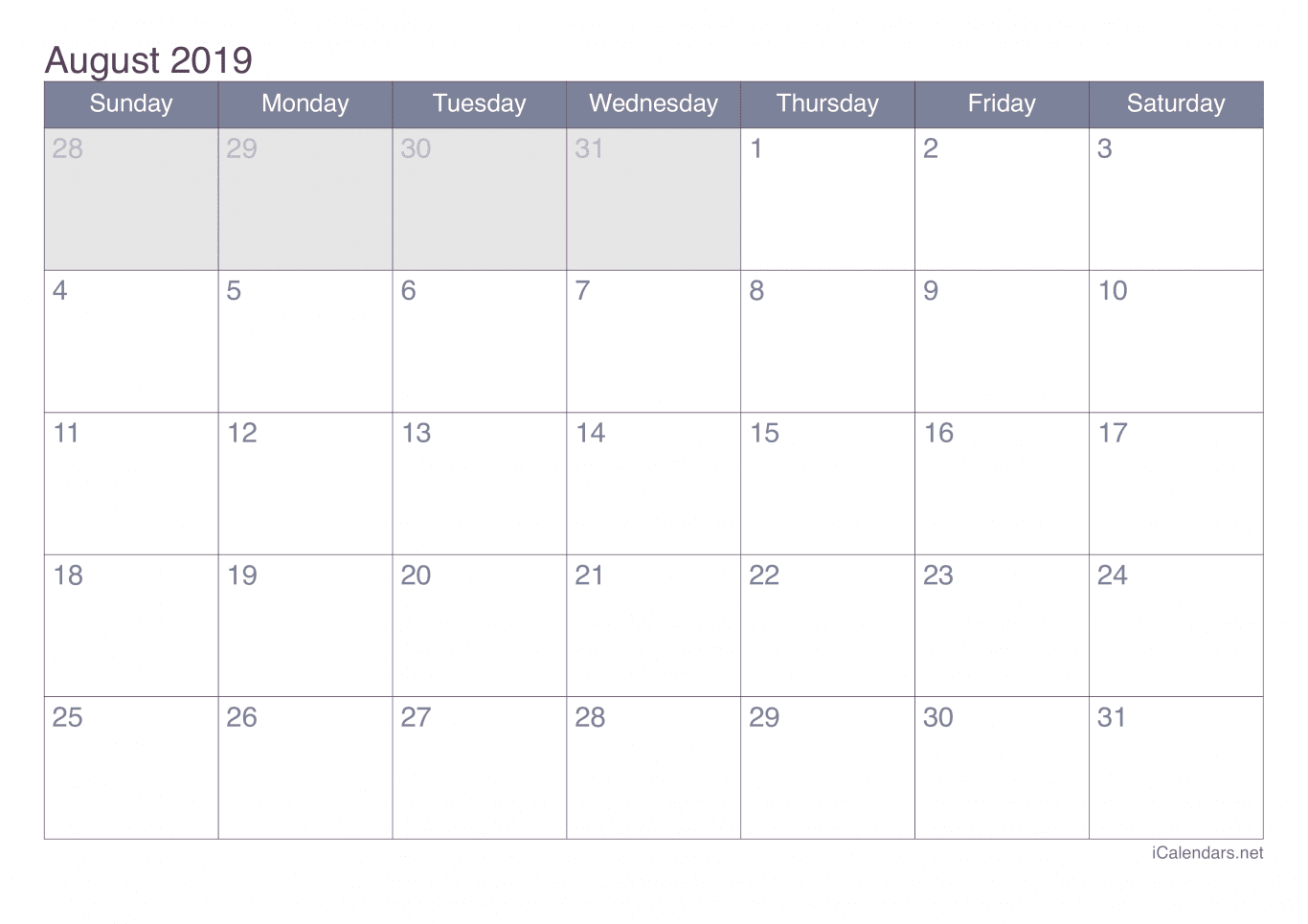 2019 August Calendar - Office