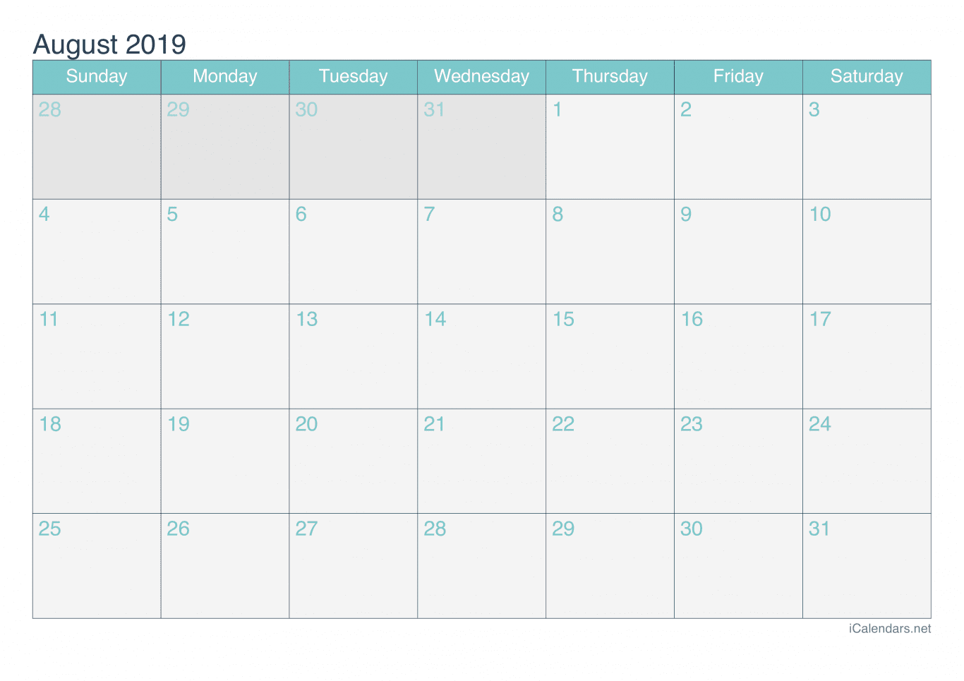 2019 August Calendar - Turquoise