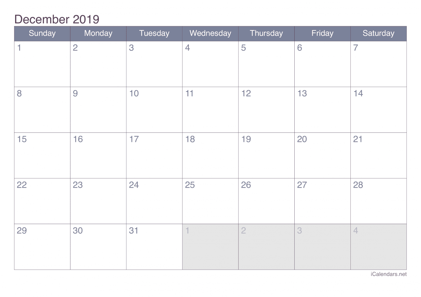 2019 December Calendar - Office