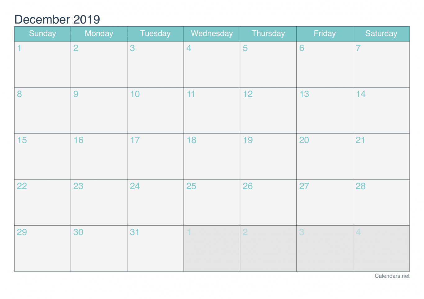 2019 December Calendar - Turquoise