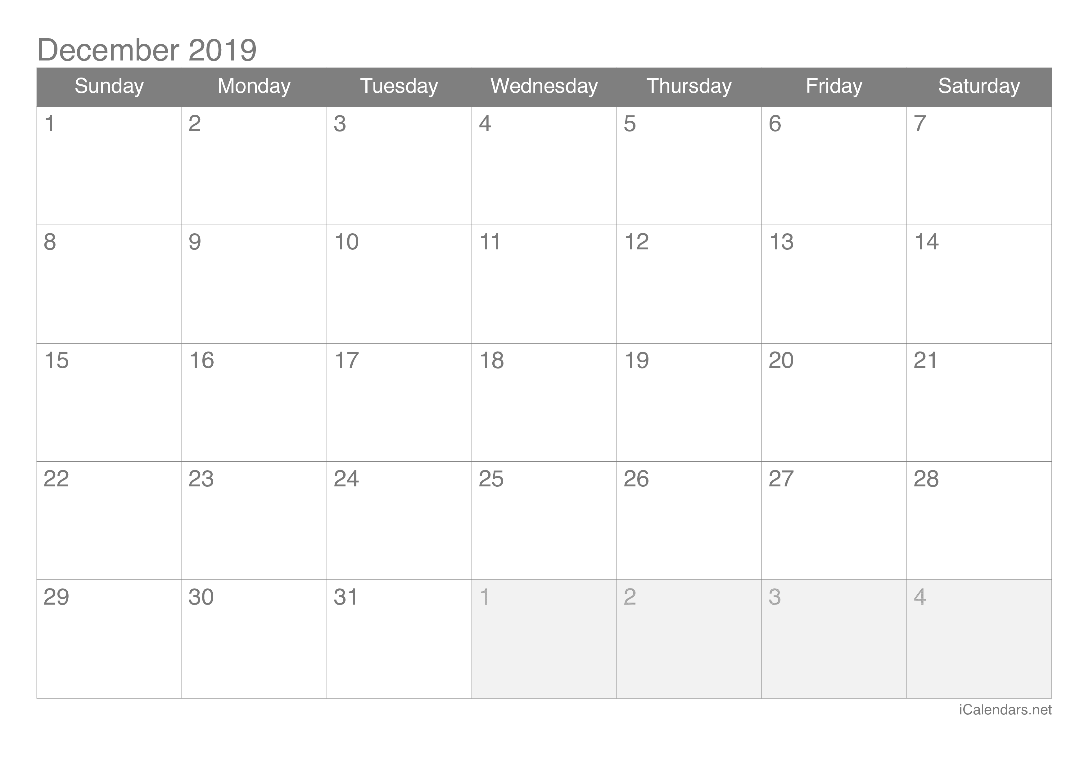 2019 December Calendar