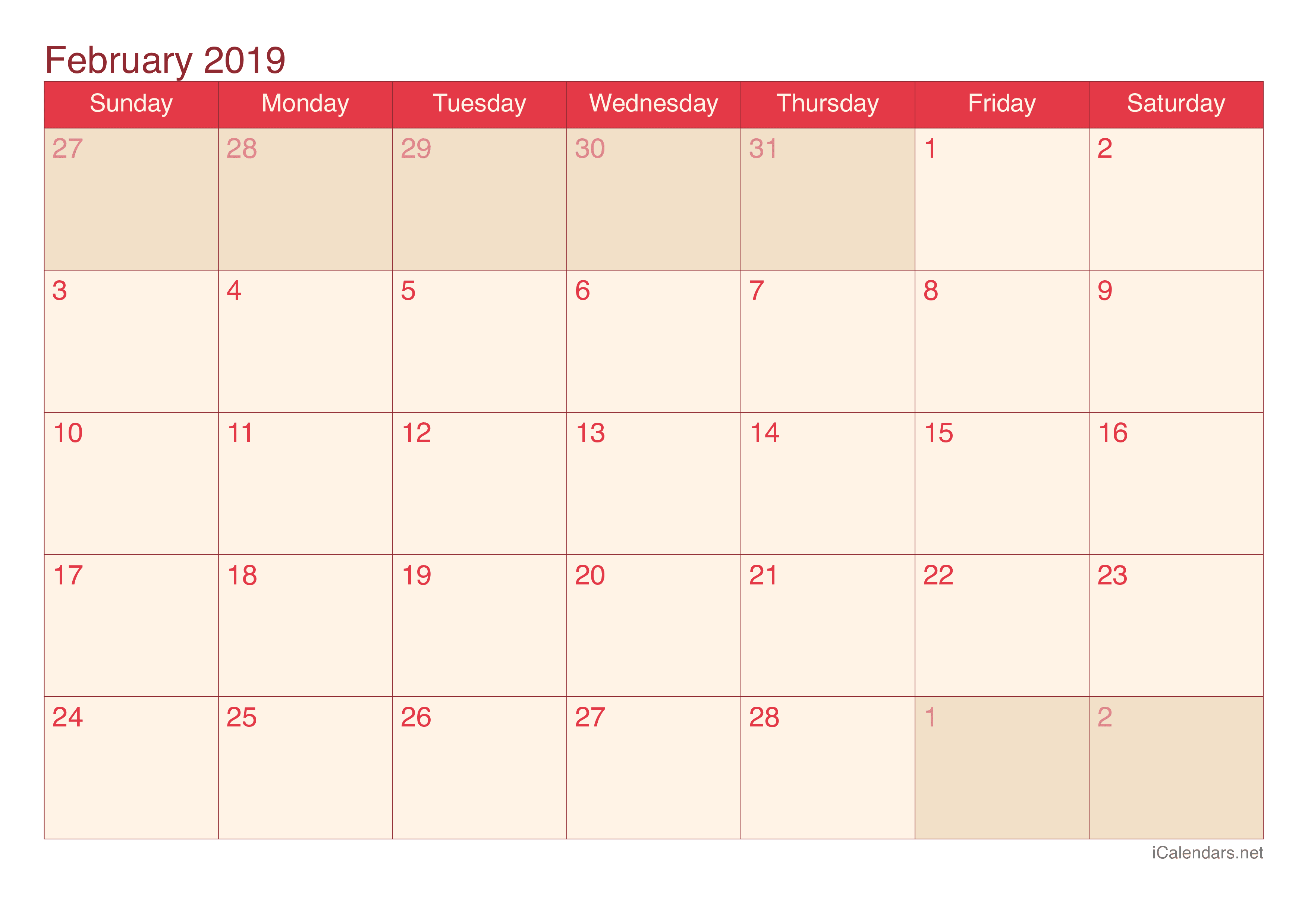 2019 February Calendar - Cherry