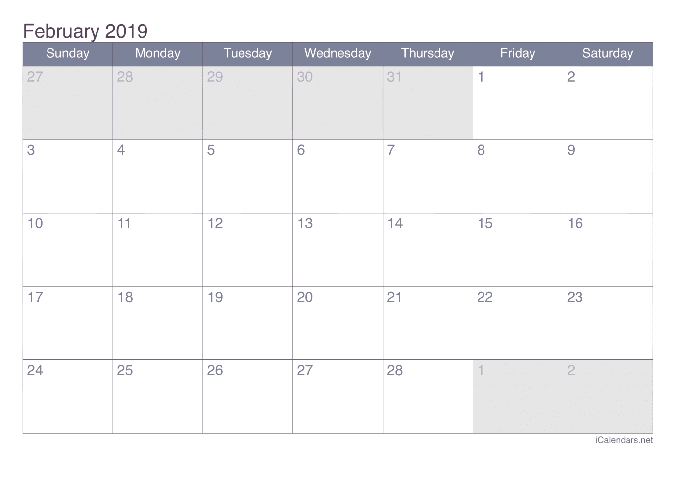 2019 February Calendar - Office