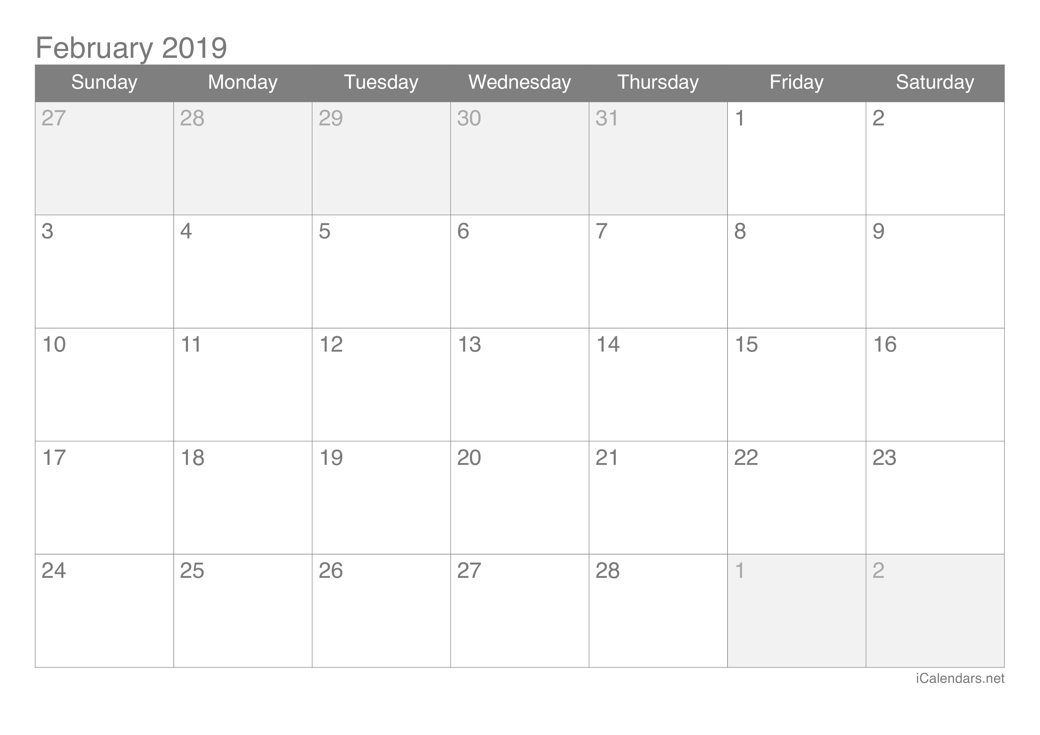 2019 February Calendar