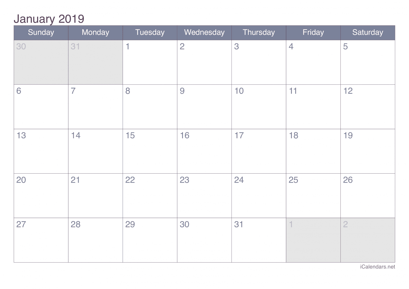 2019 January Calendar - Office