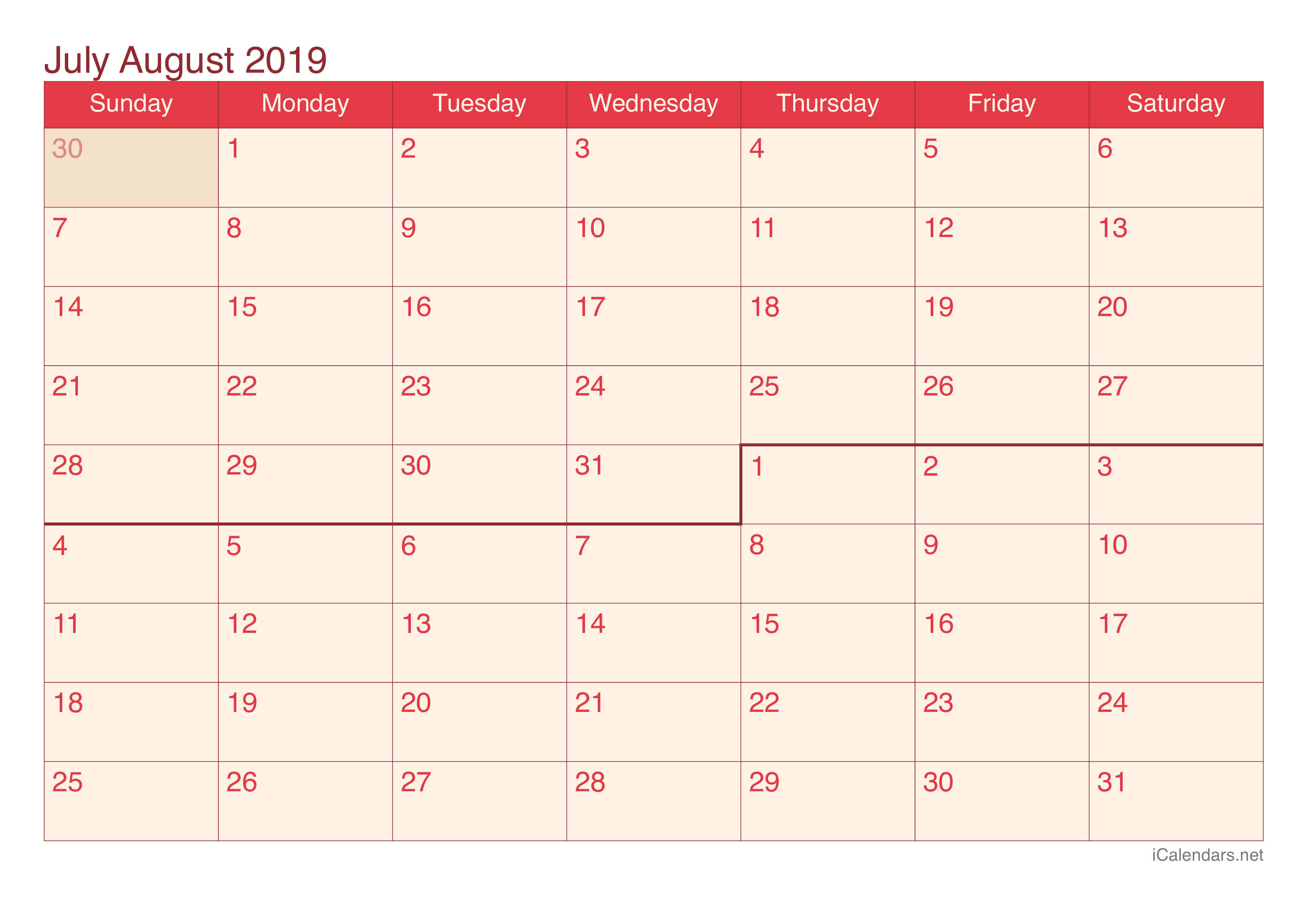 2019 July August Calendar - Cherry