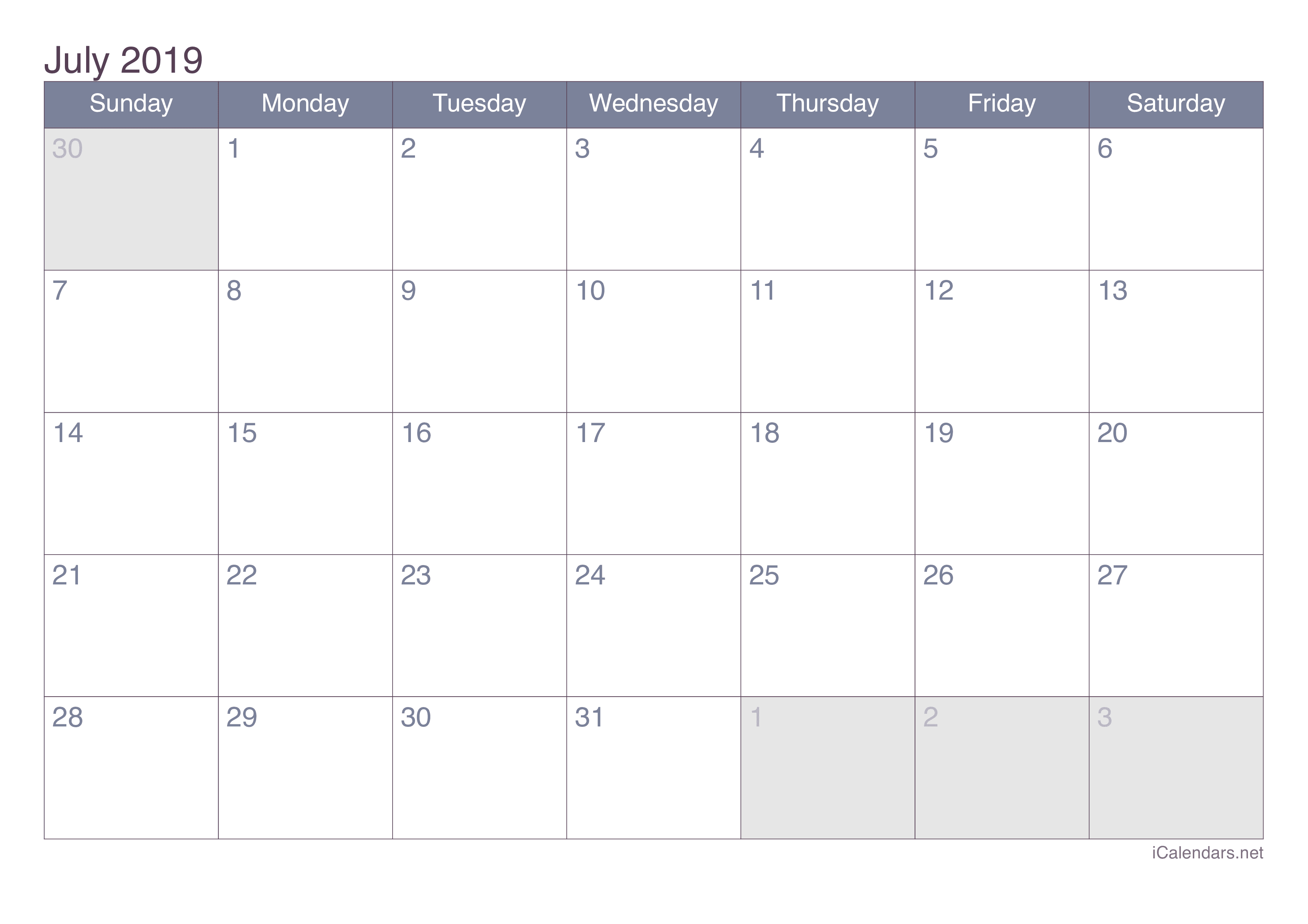 2019 July Calendar - Office