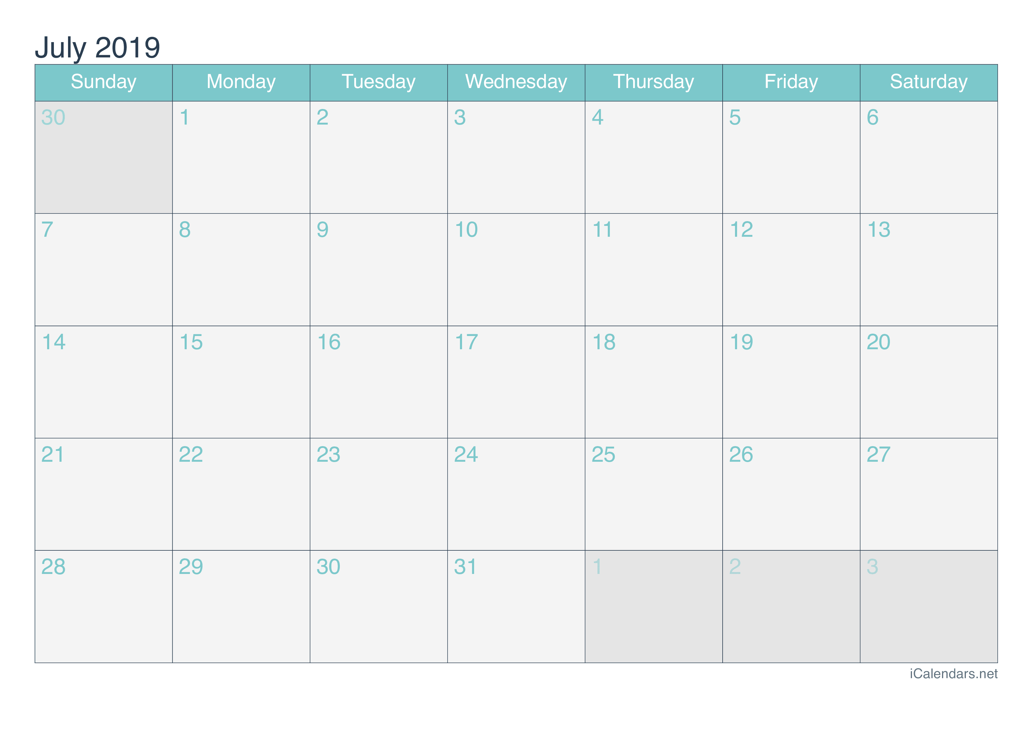 2019 July Calendar - Turquoise