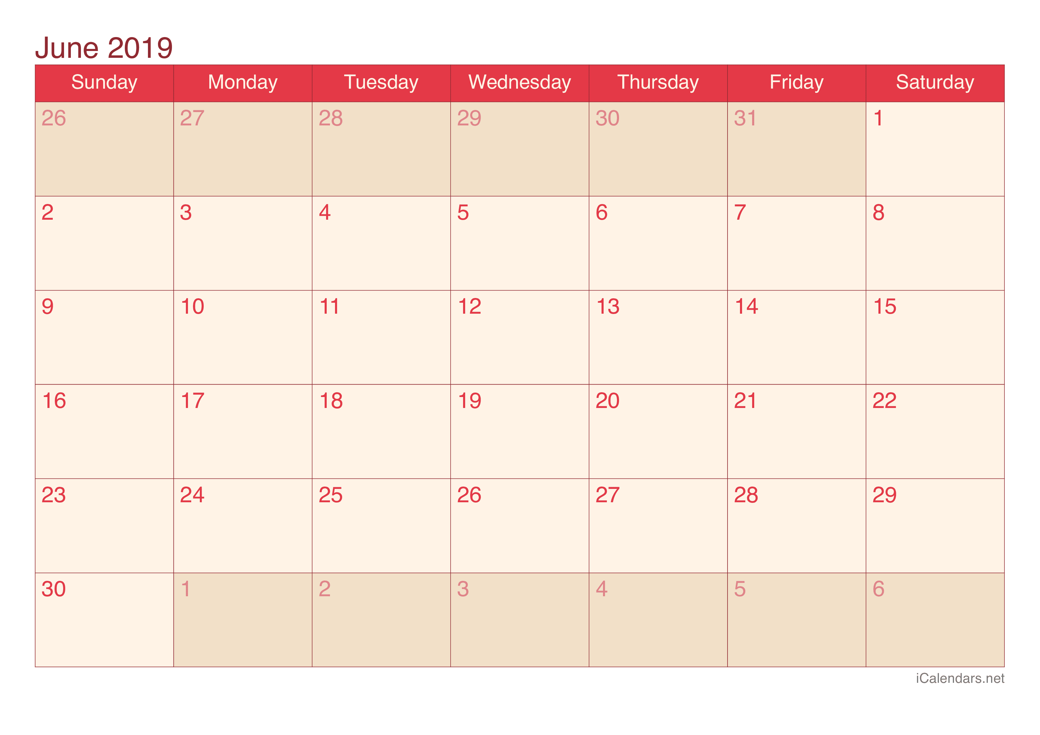 2019 June Calendar - Cherry