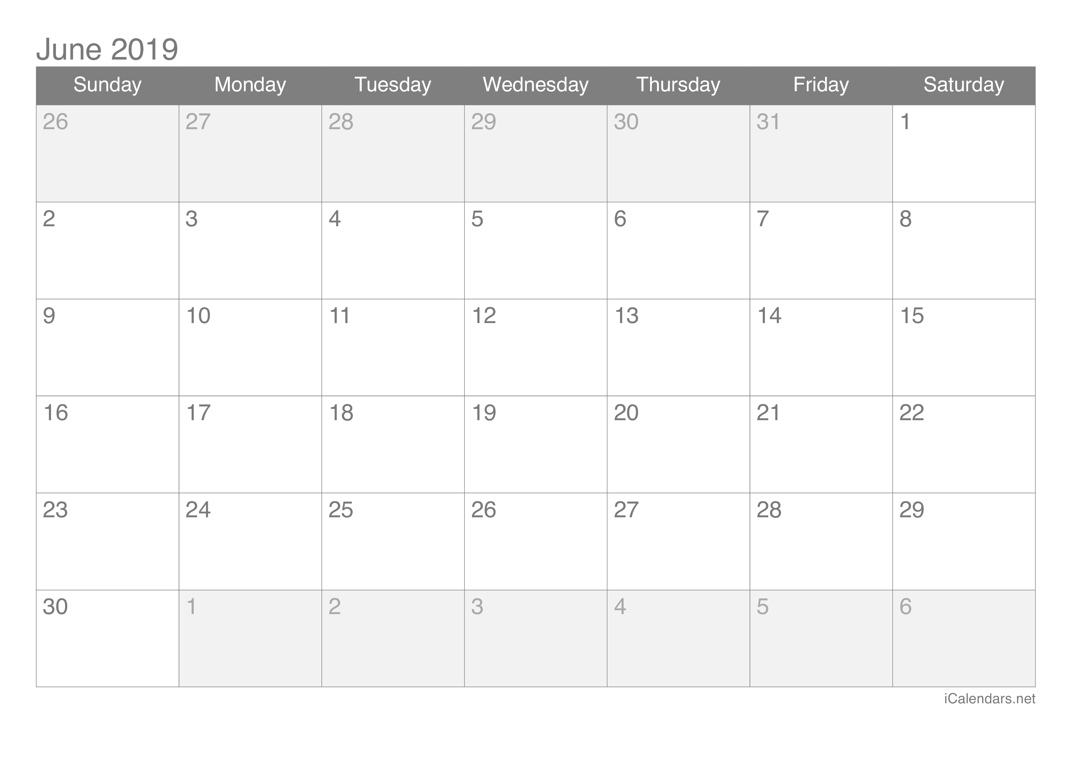 2019 June Calendar
