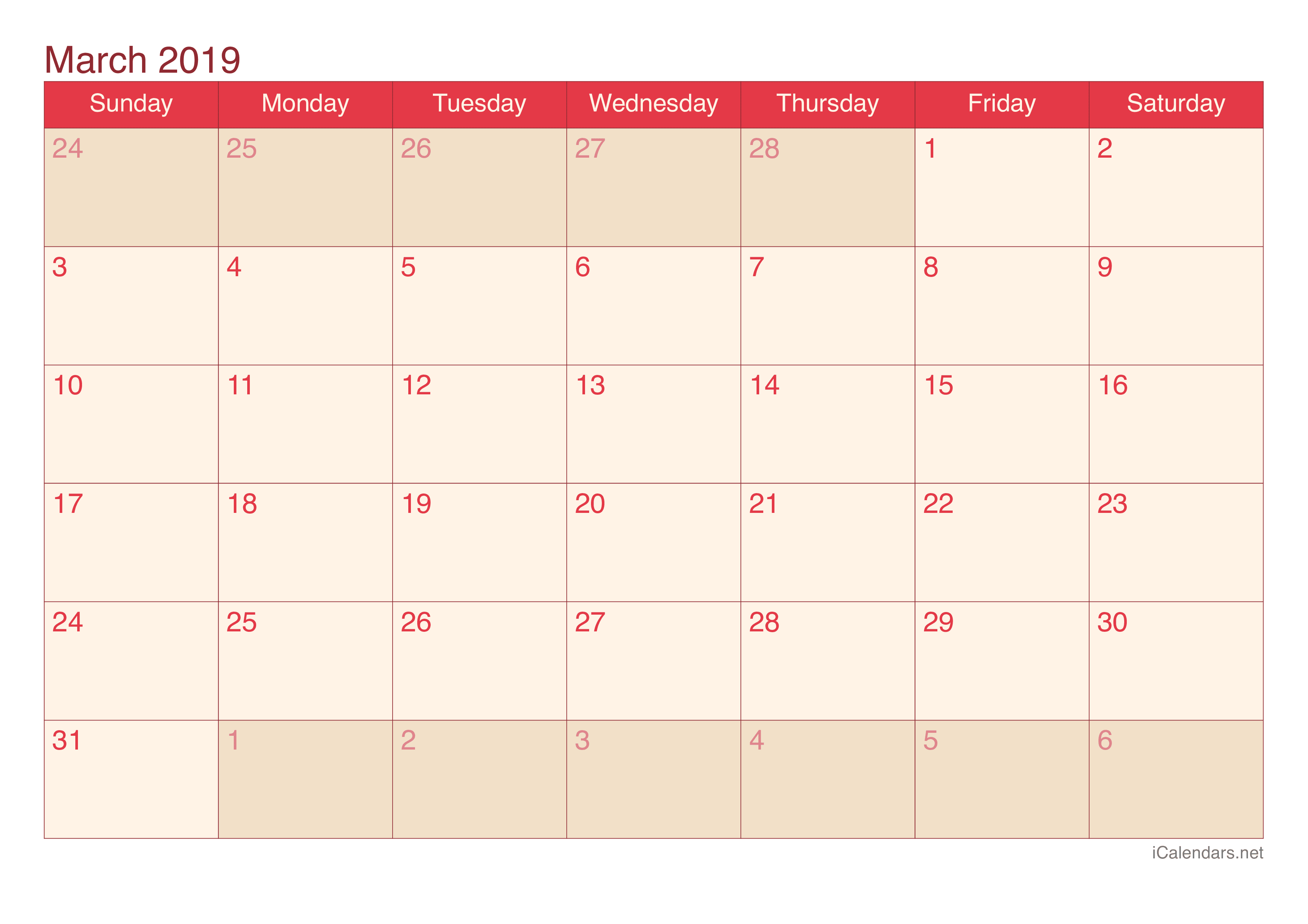 2019 March Calendar - Cherry