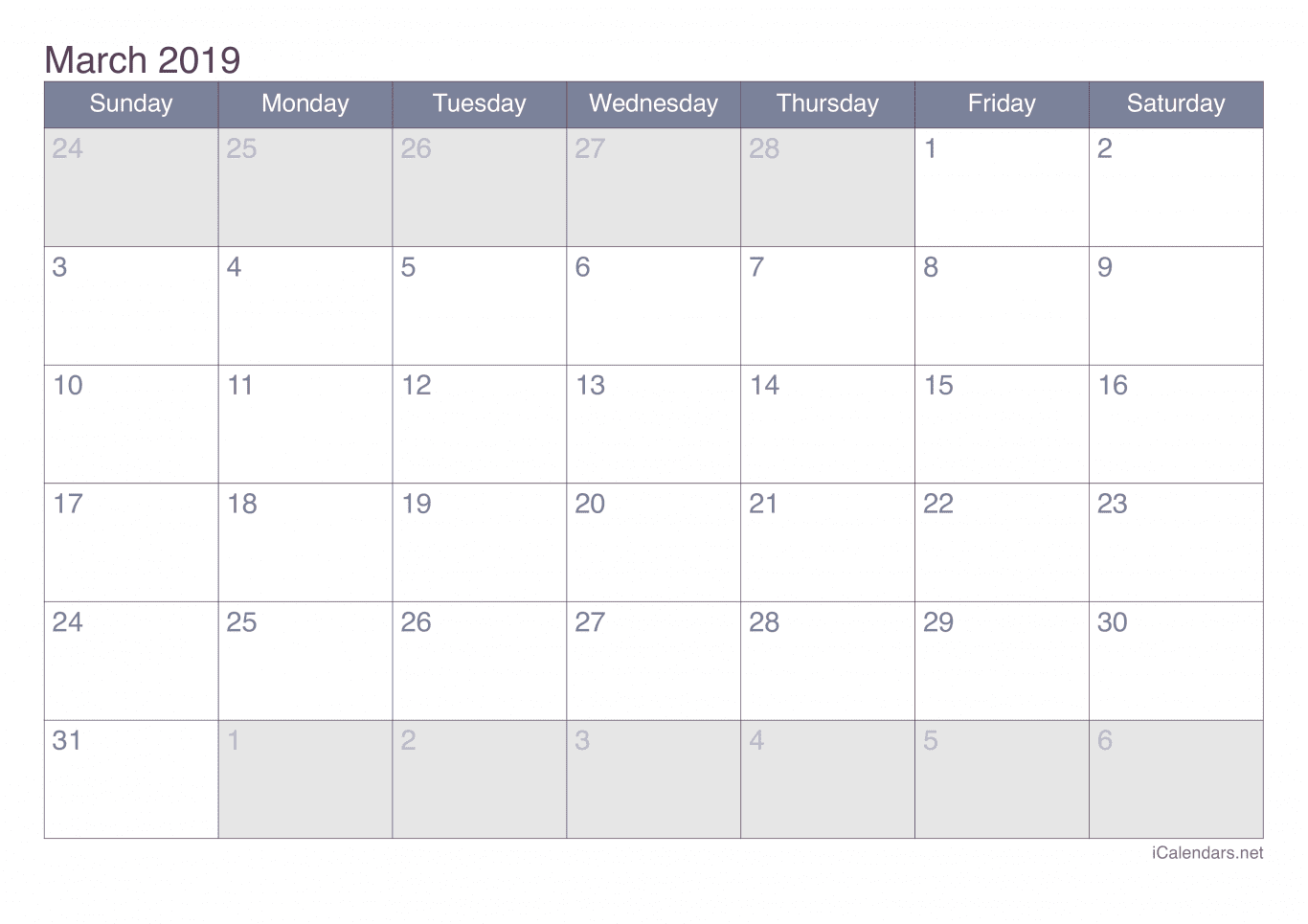 2019 March Calendar - Office