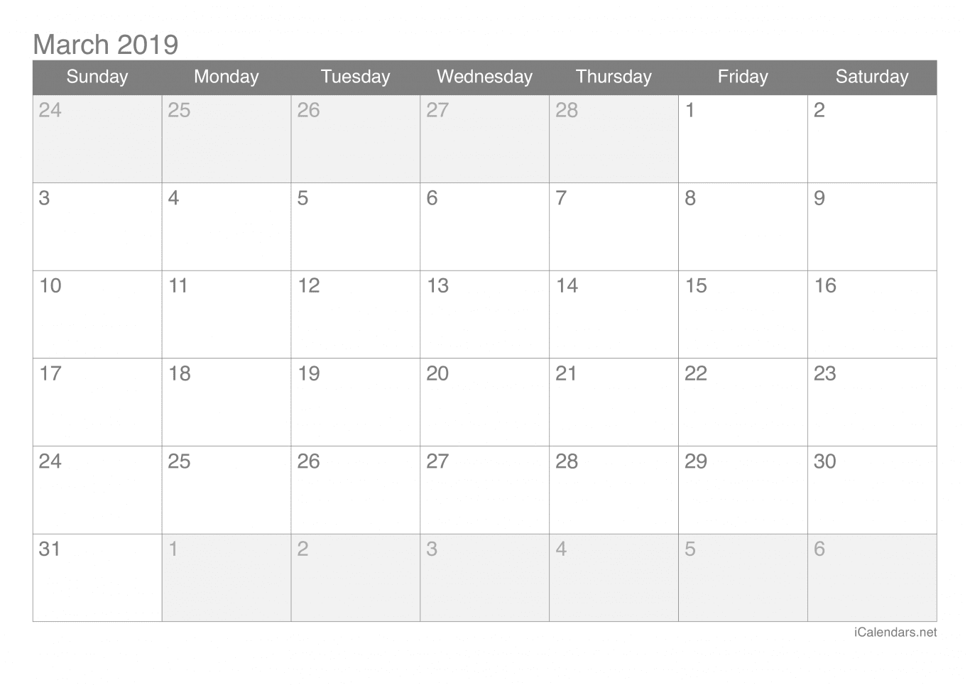 2019 March Calendar