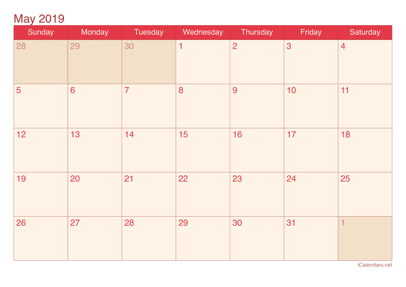 2019 May Calendar - Cherry