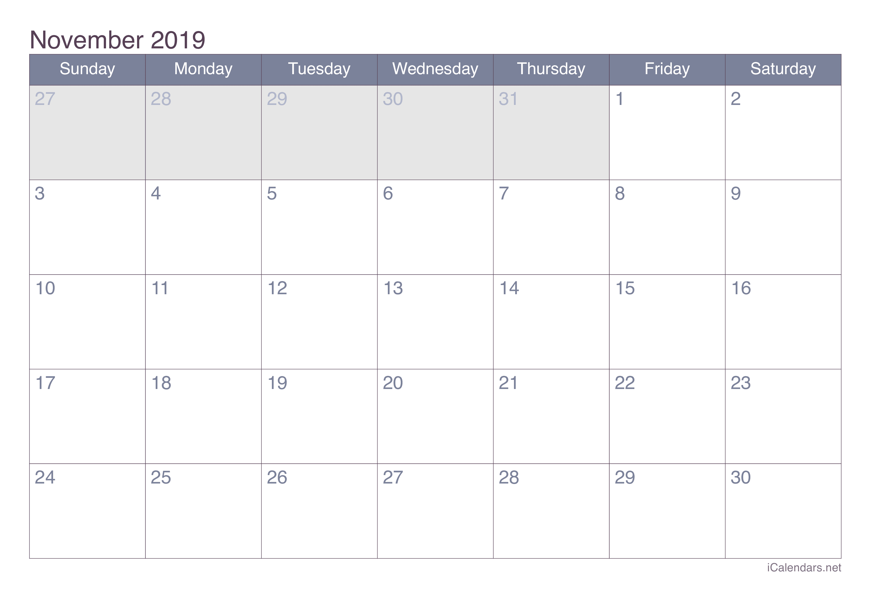 2019 November Calendar - Office