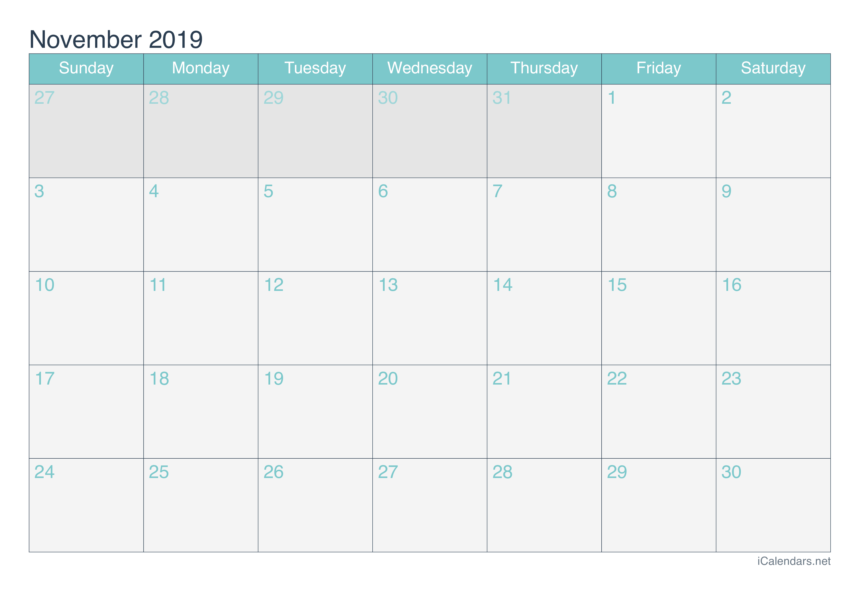 2019 November Calendar - Turquoise