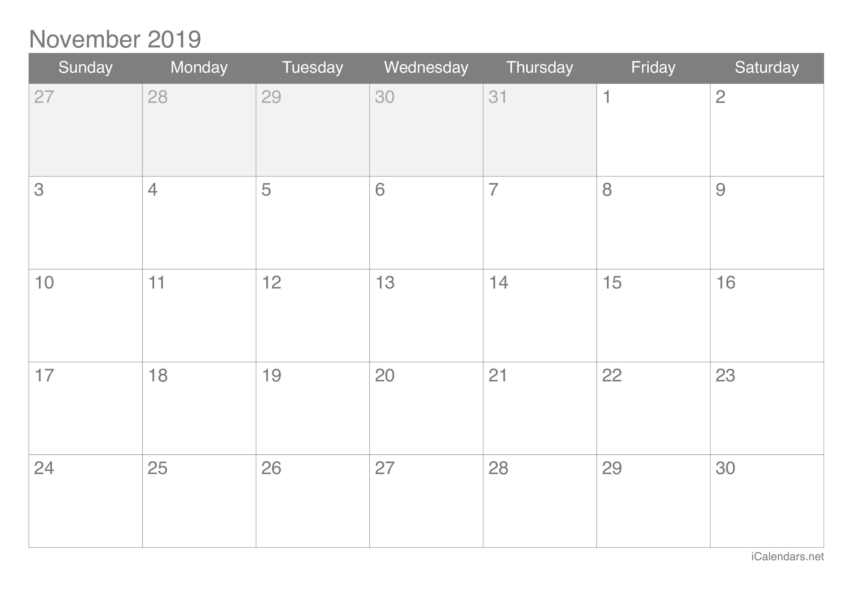 2019 November Calendar
