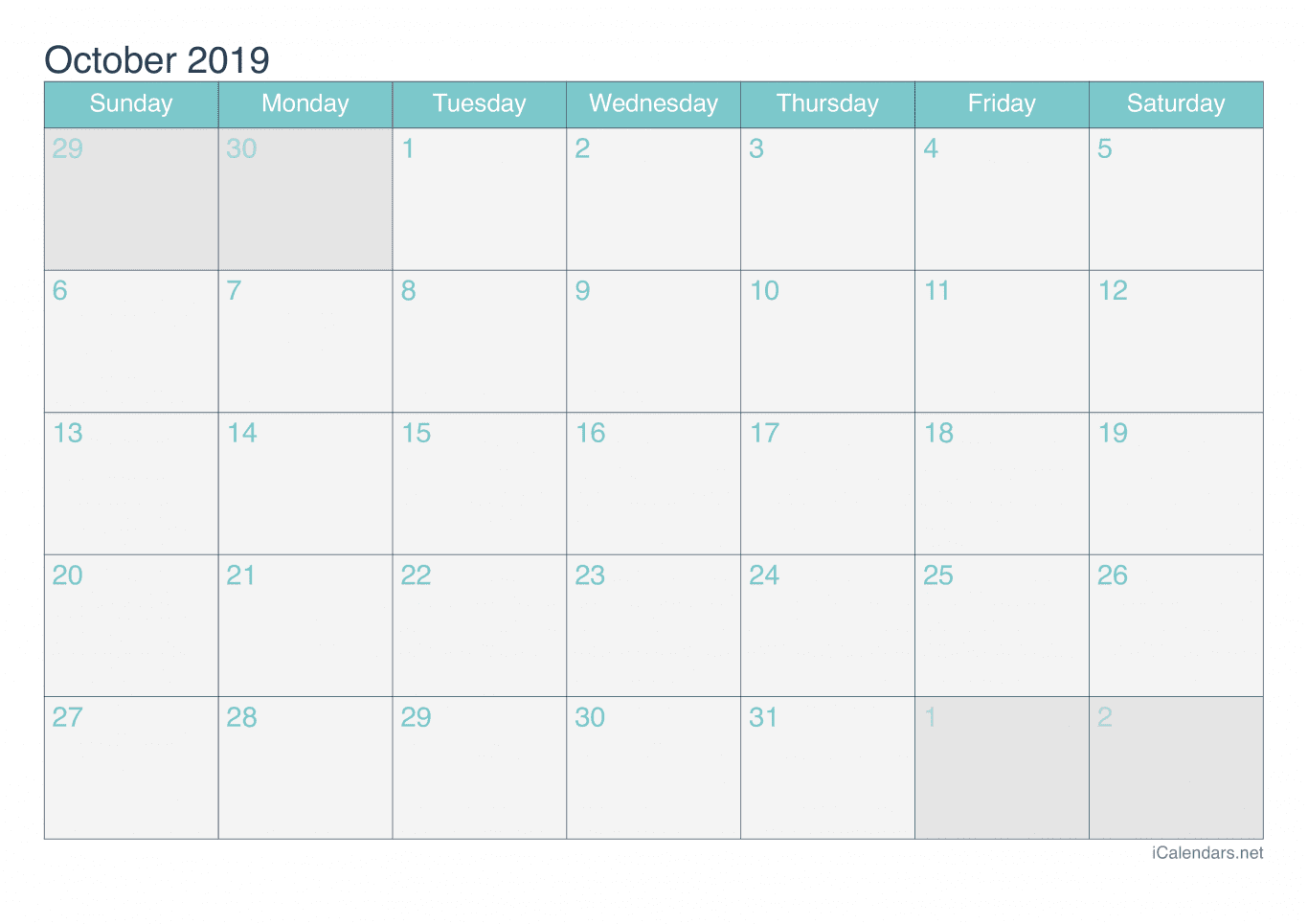 2019 October Calendar - Turquoise