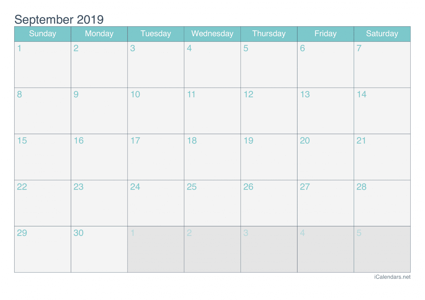 2019 September Calendar - Turquoise