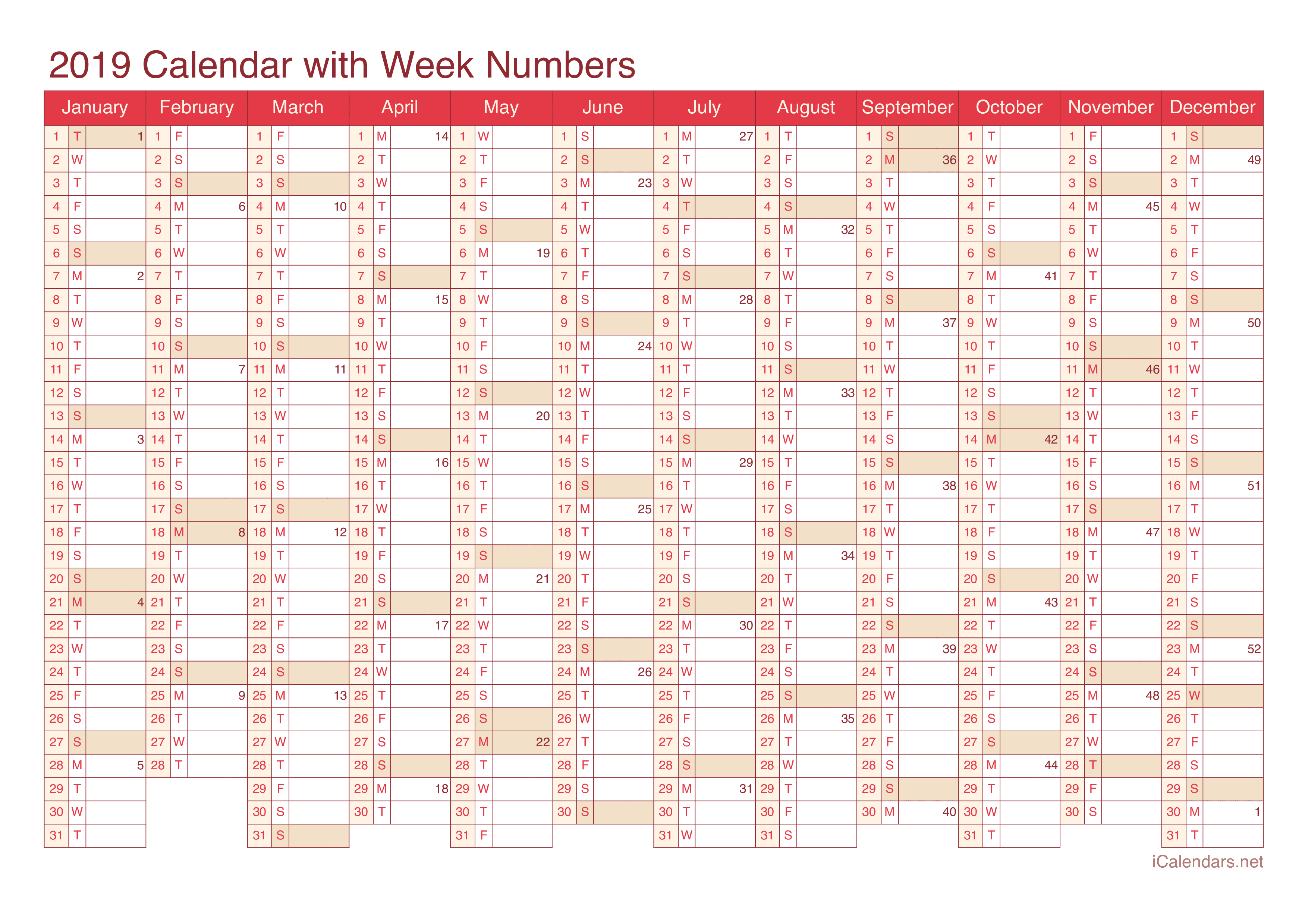 2019 Calendar with week numbers - Cherry
