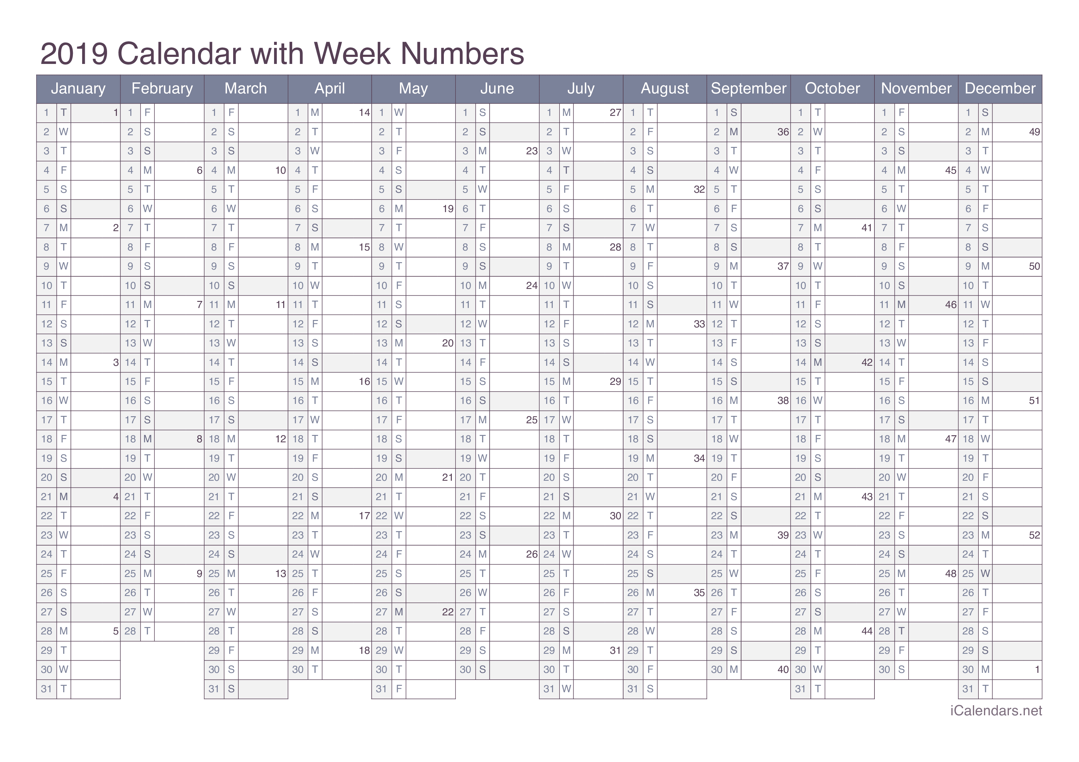 2019 Calendar with week numbers - Office