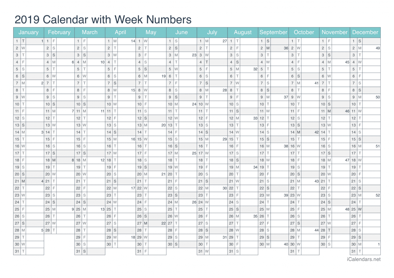2019 Calendar with week numbers - Turquoise