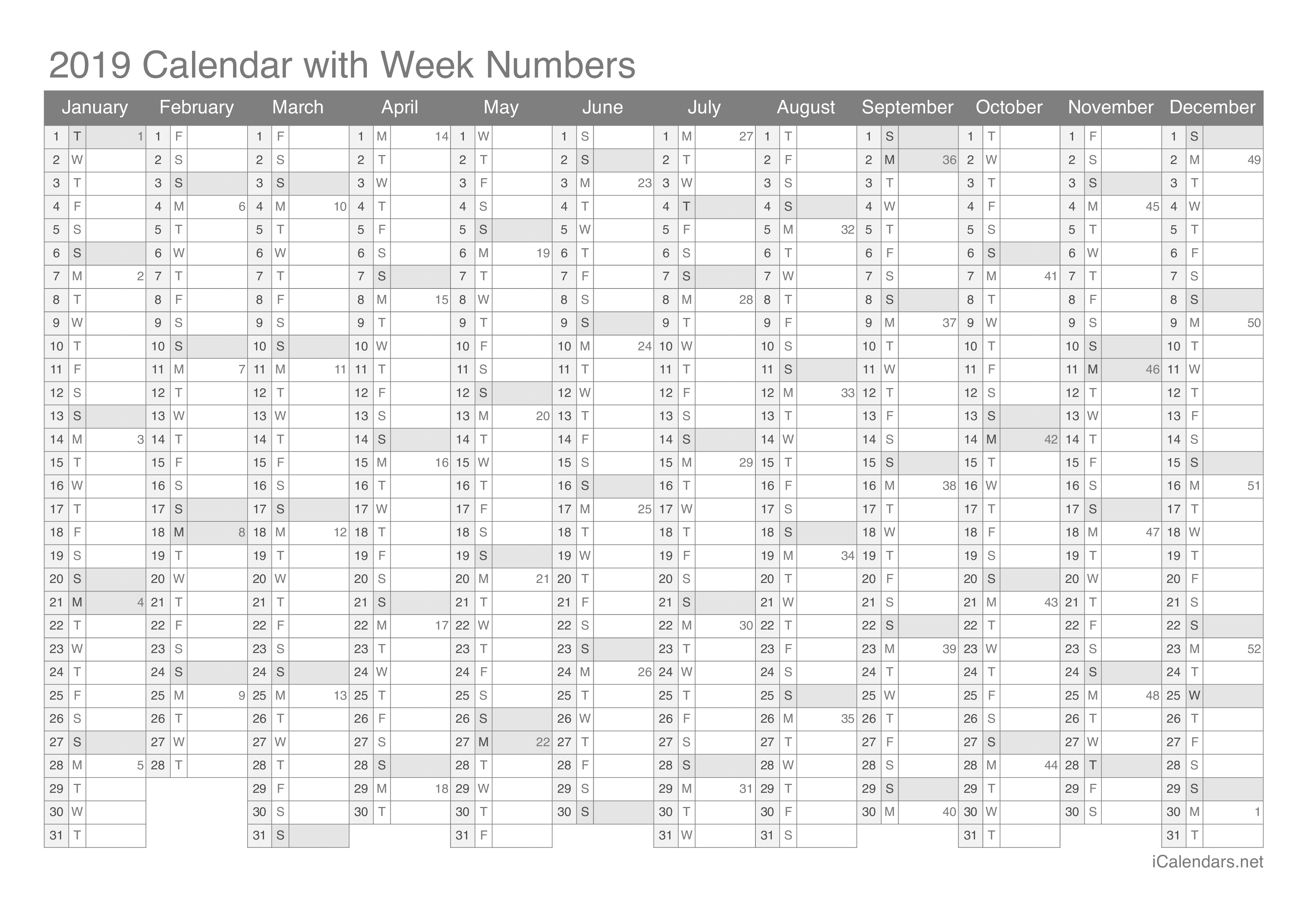 2019 Calendar with week numbers