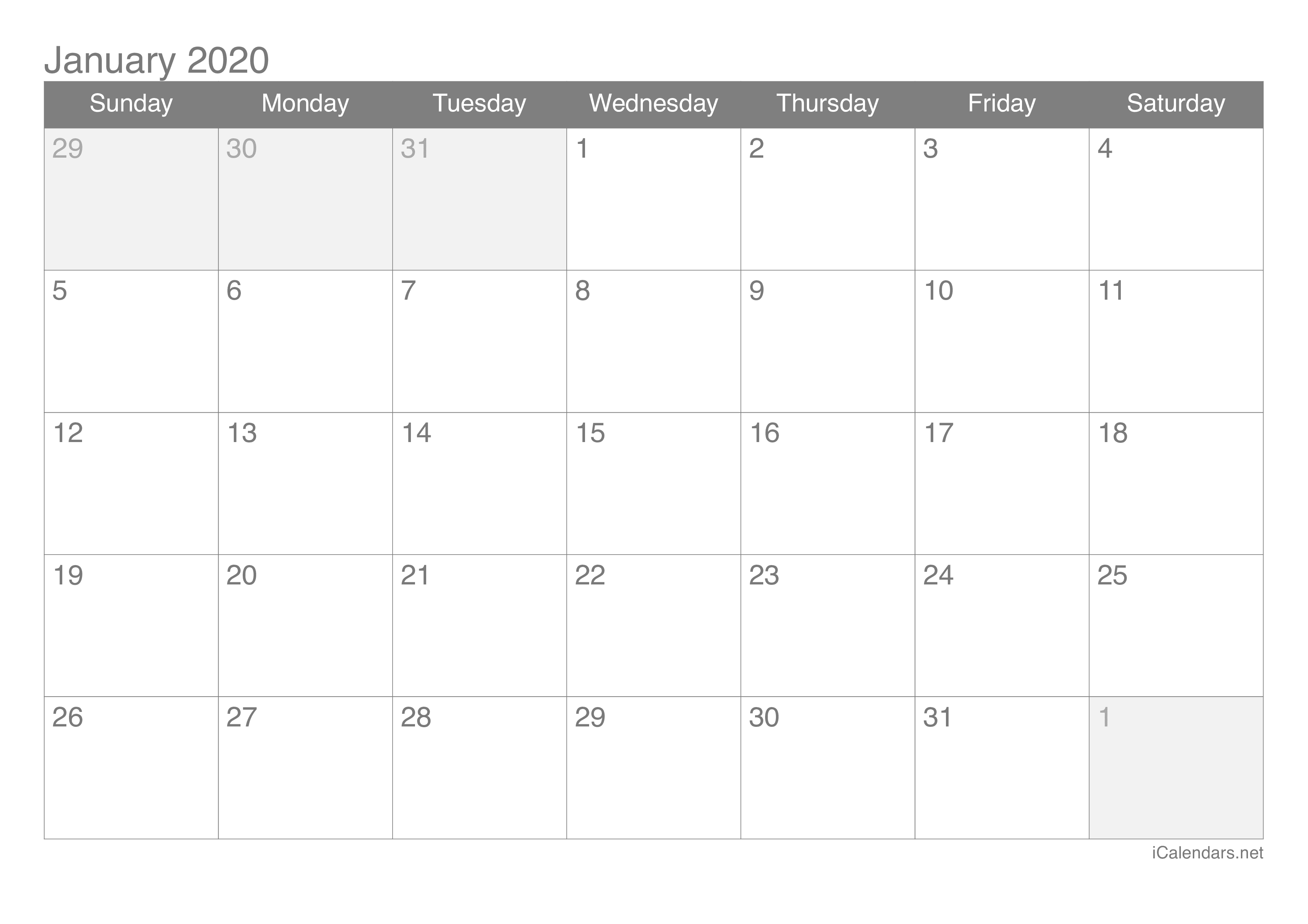 2020 Monthly Calendar