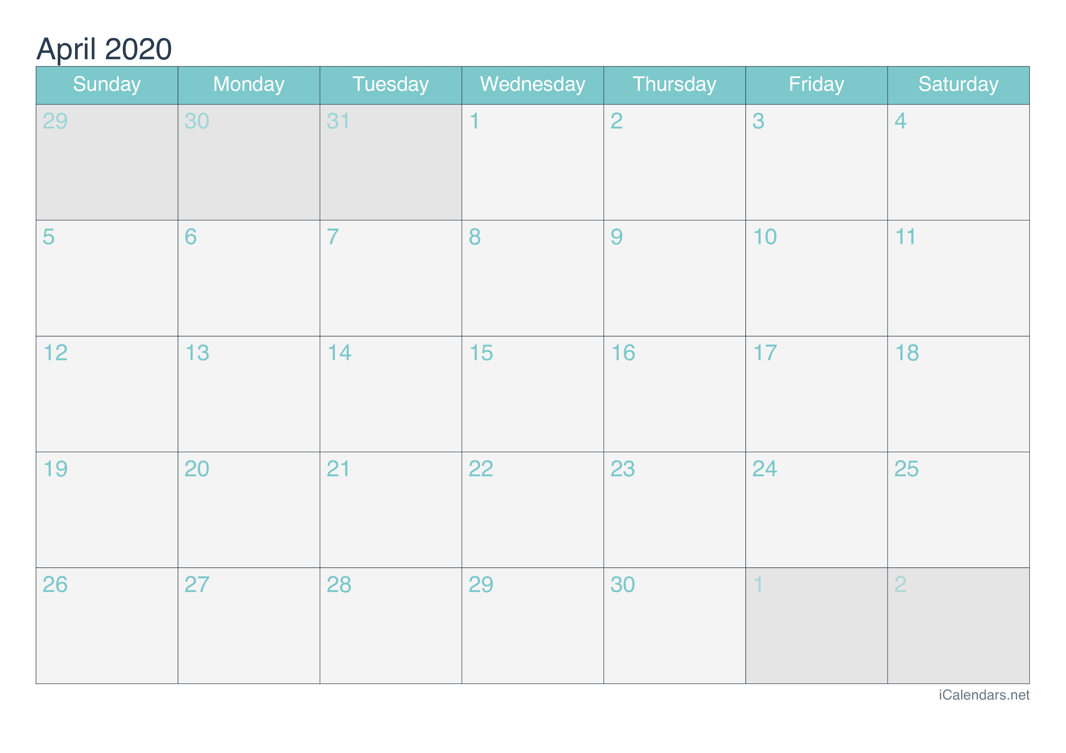 2020 April Calendar - Turquoise