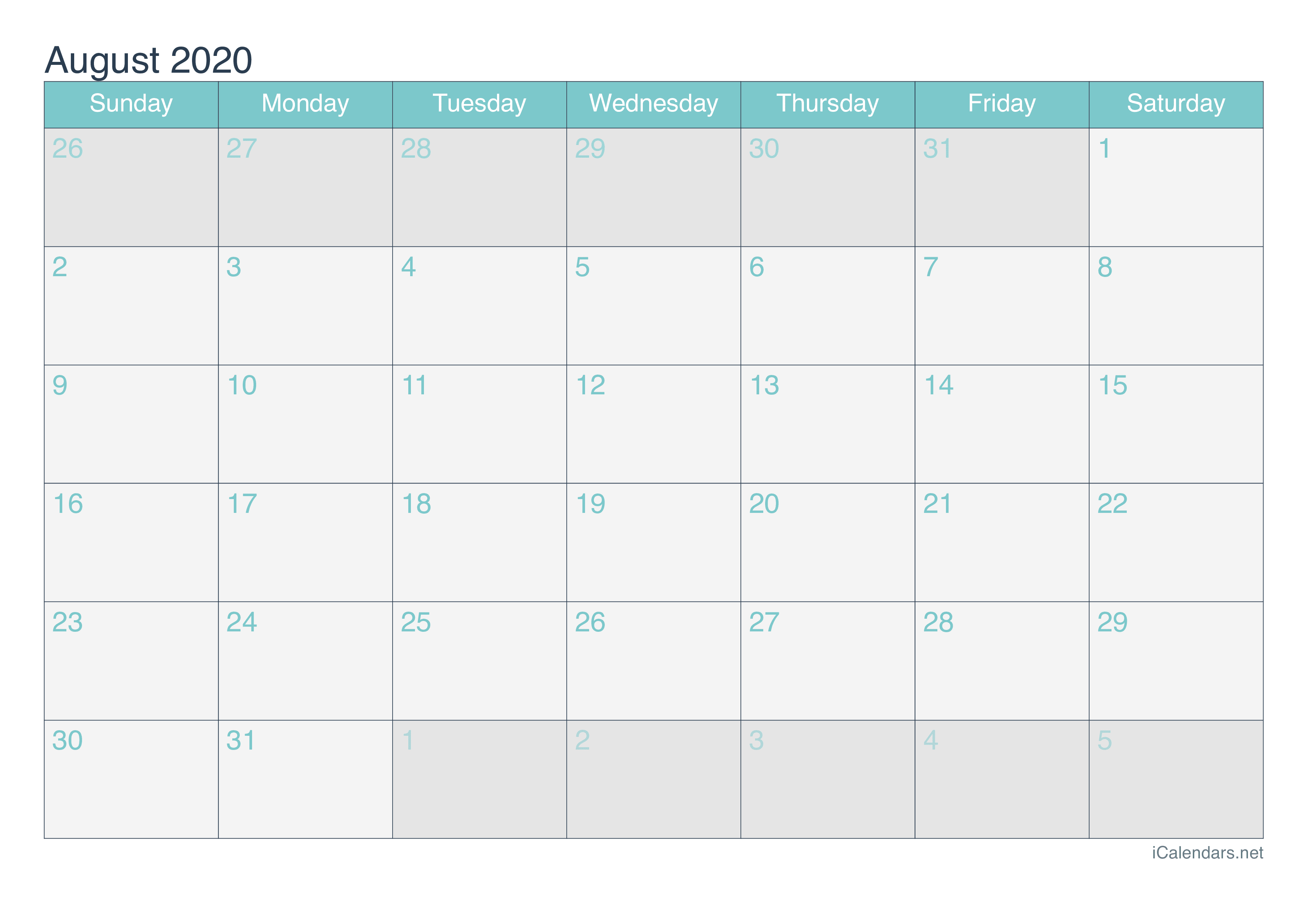 2020 August Calendar - Turquoise