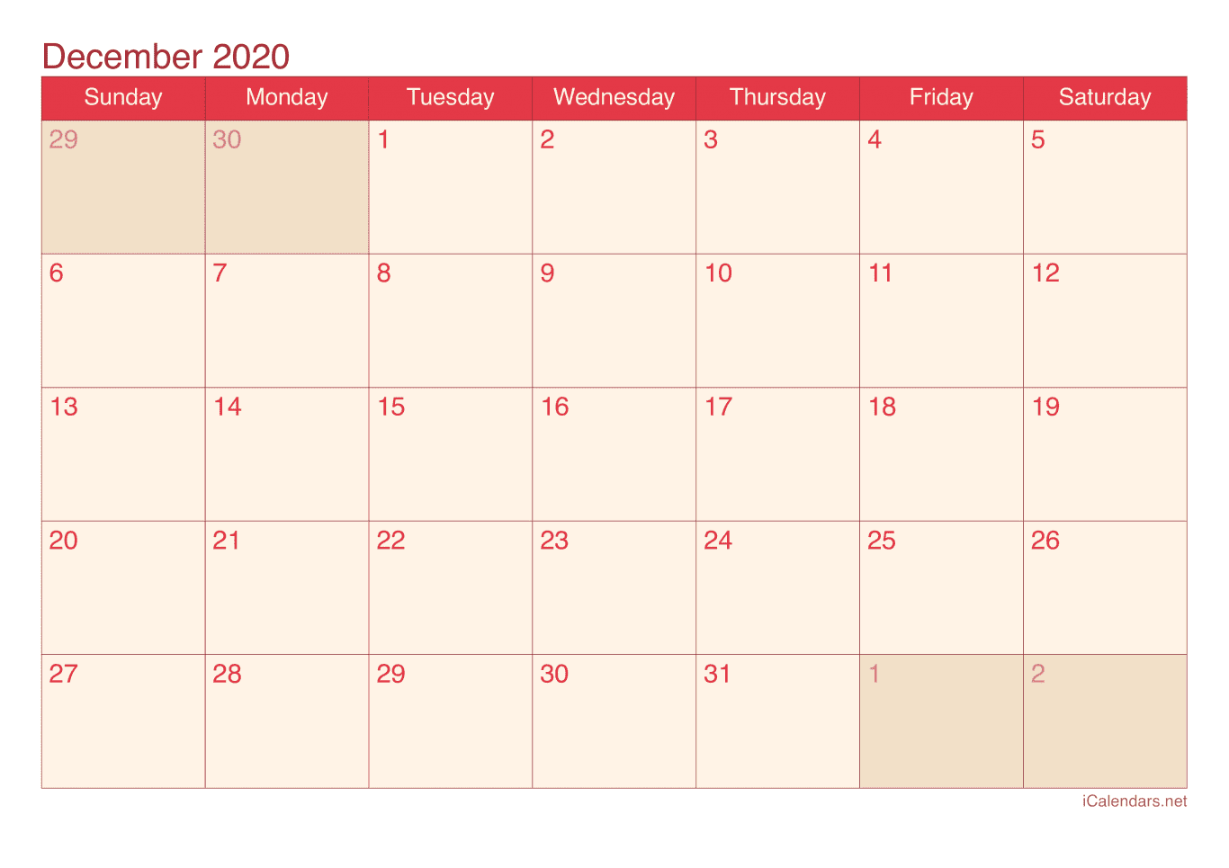 2020 December Calendar - Cherry