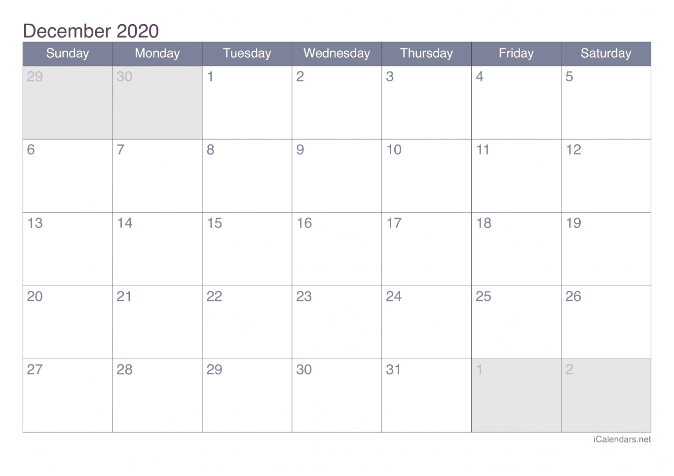 2020 December Calendar - Office