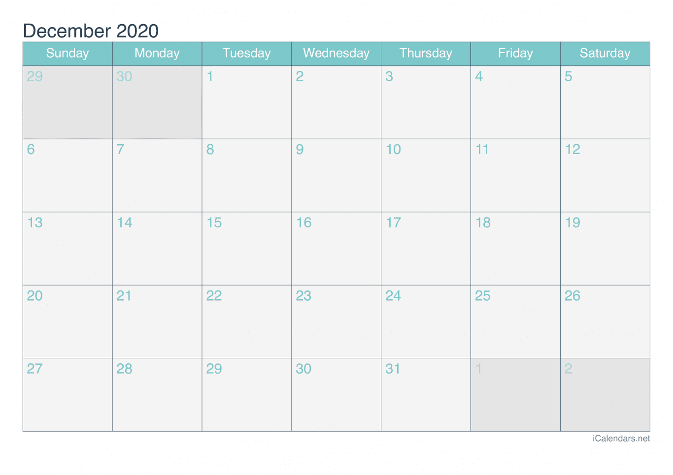 2020 December Calendar - Turquoise