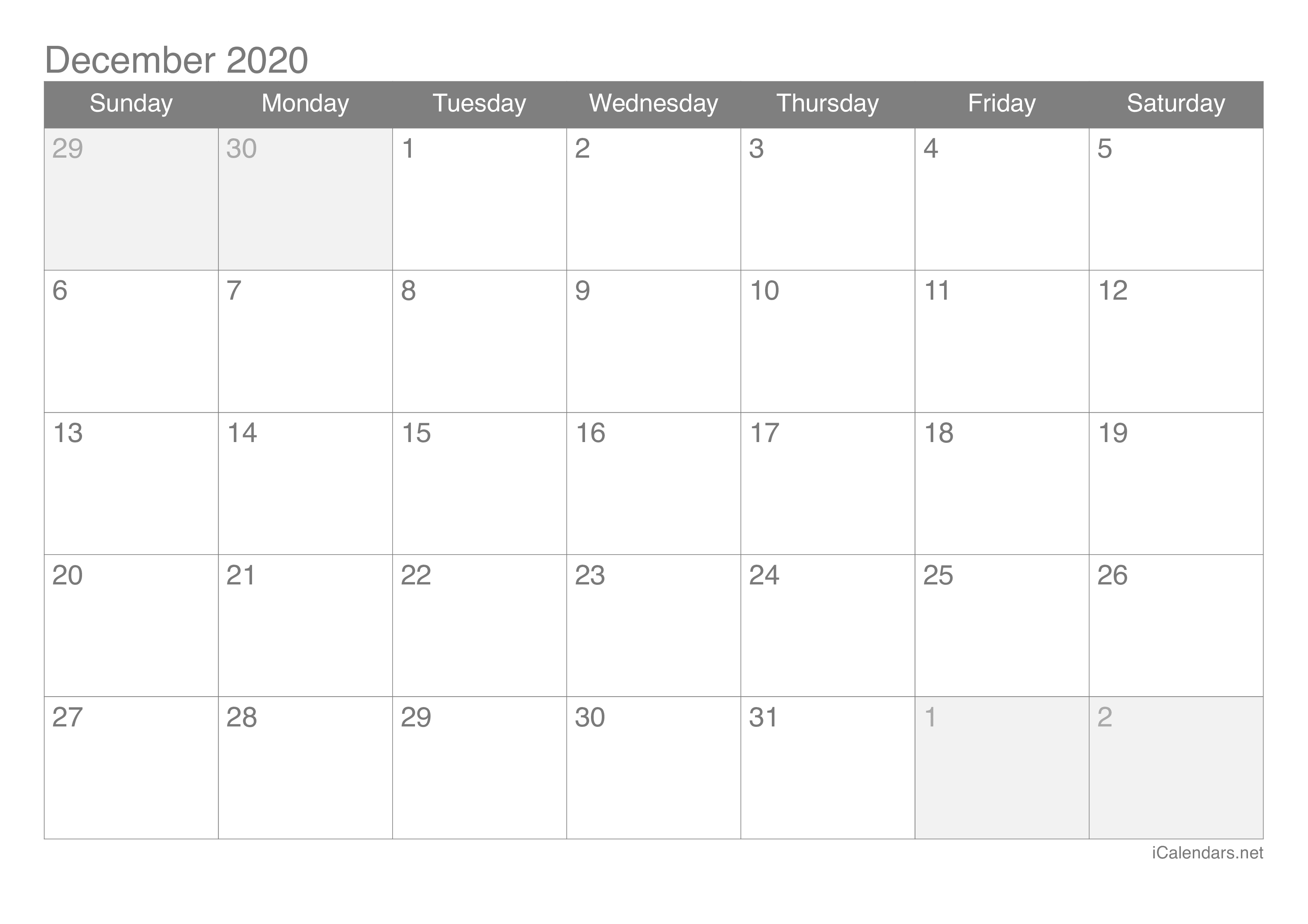 2020 December Calendar