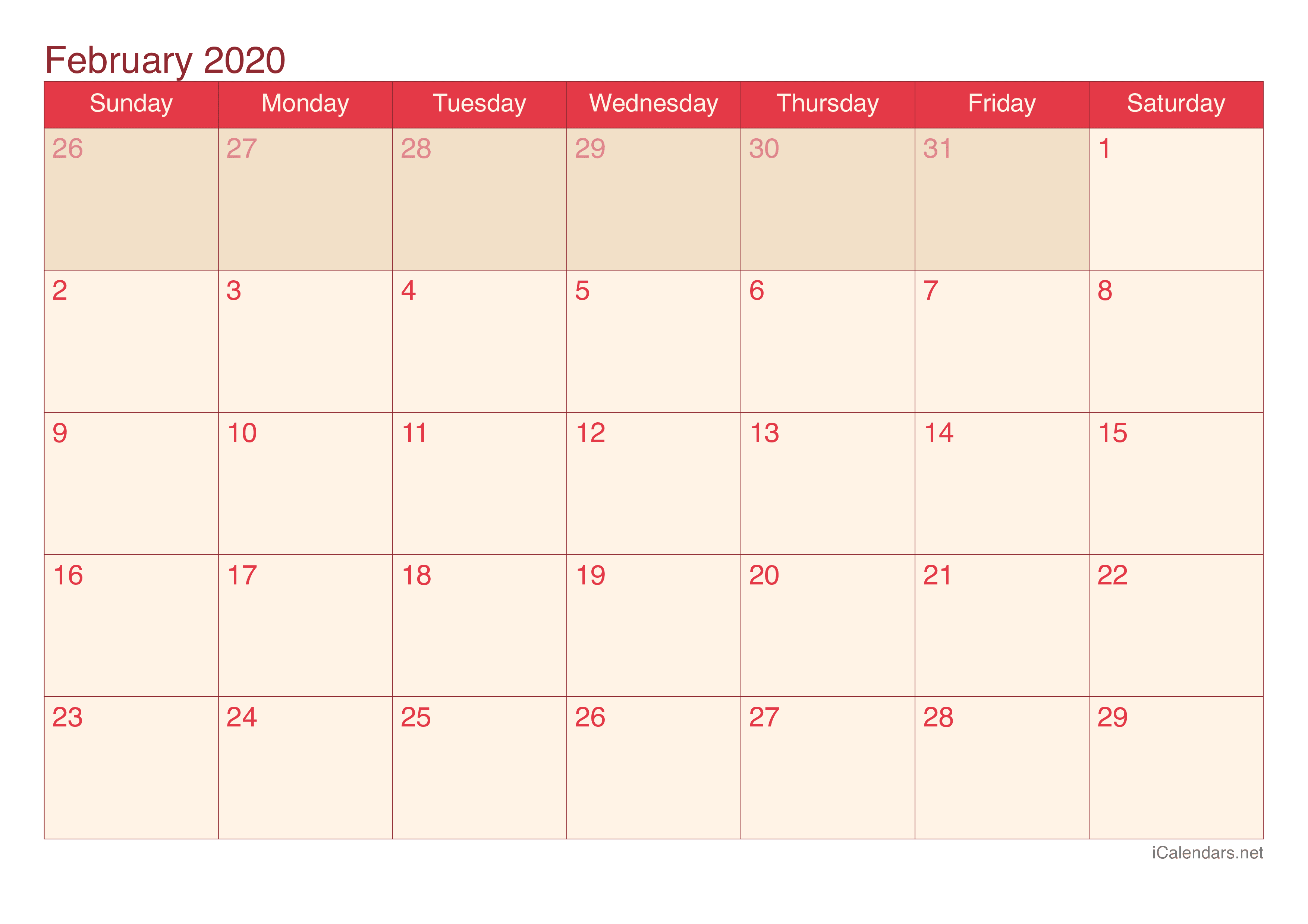 2020 February Calendar - Cherry