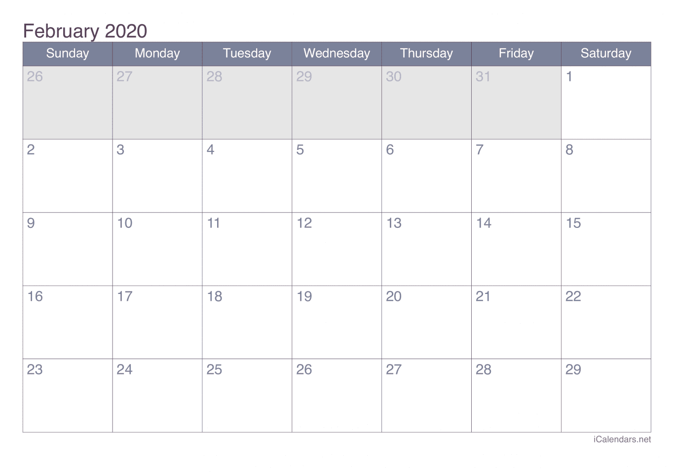 2020 February Calendar - Office