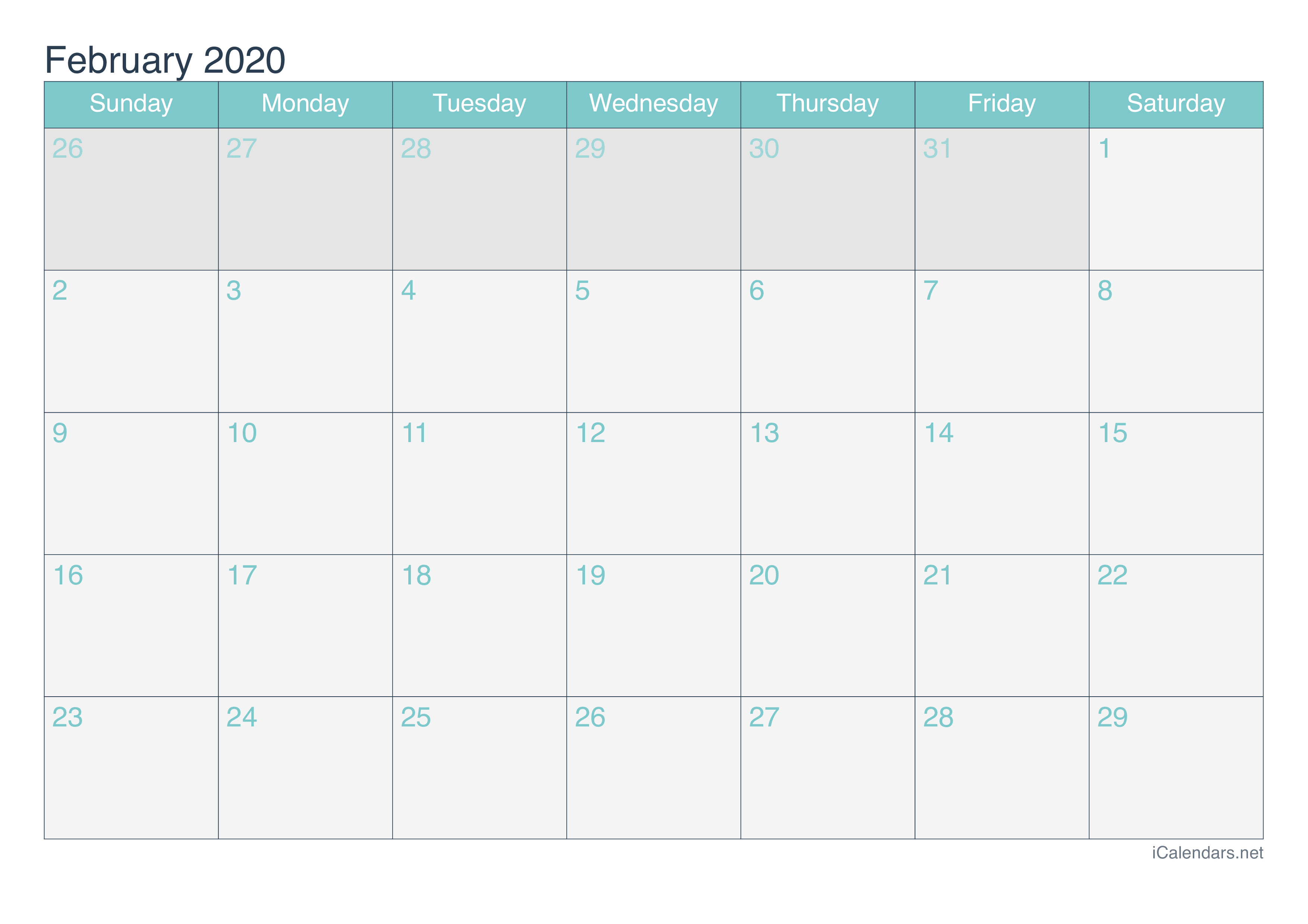 2020 February Calendar - Turquoise