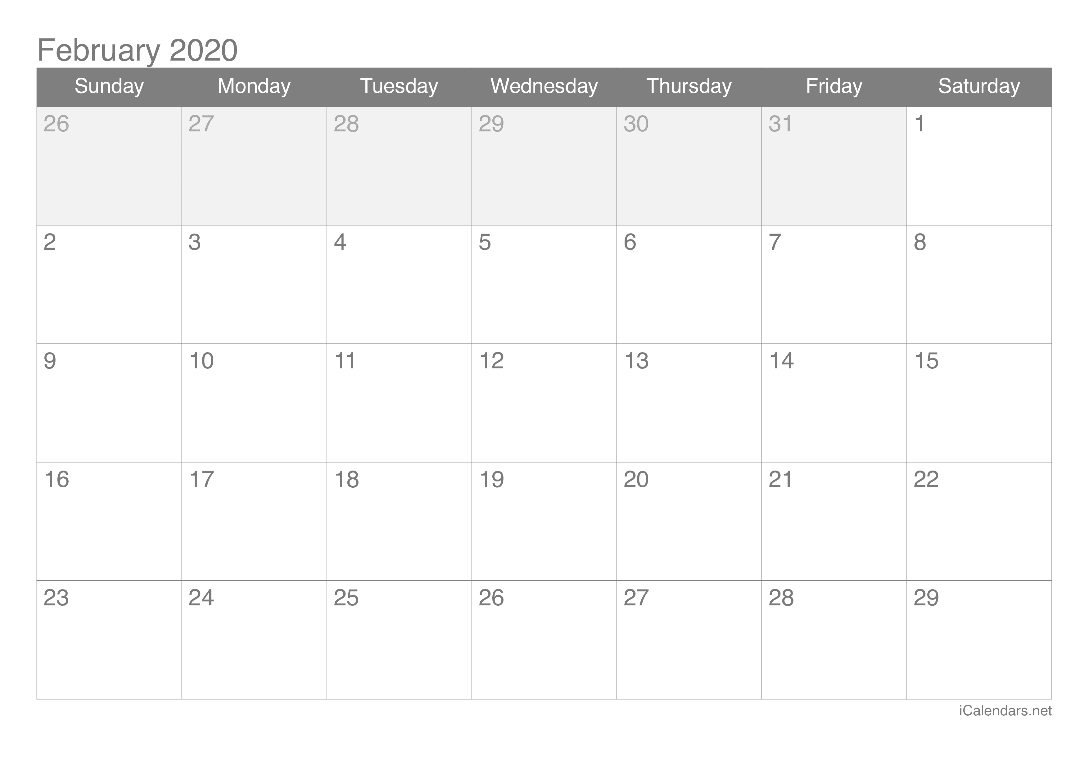 2020 February Calendar