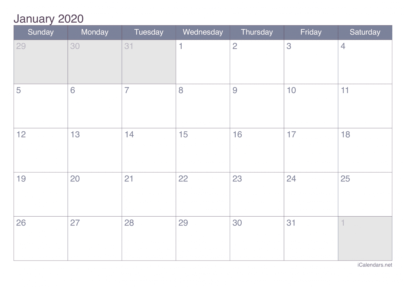 2020 January Calendar - Office