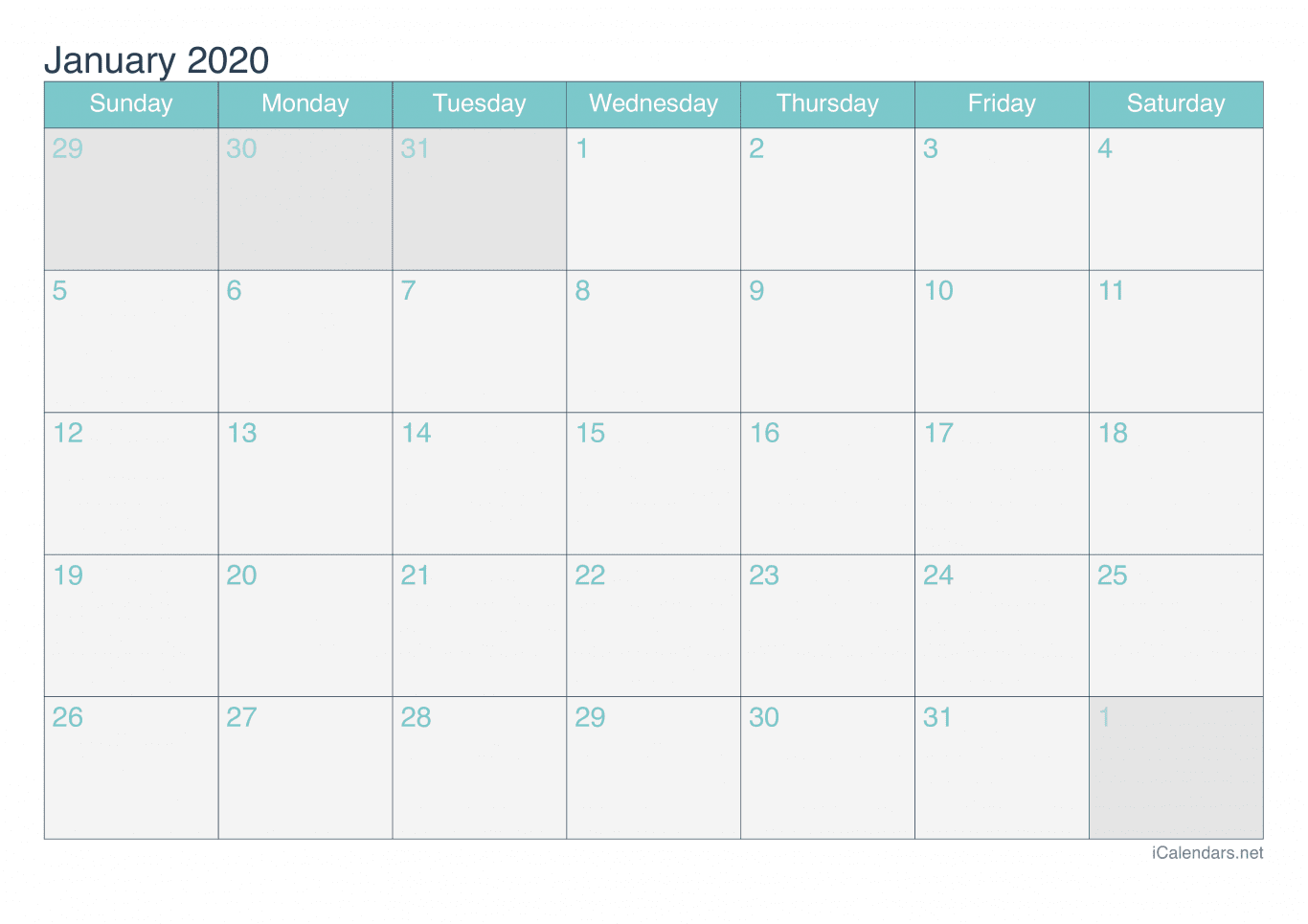 2020 January Calendar - Turquoise