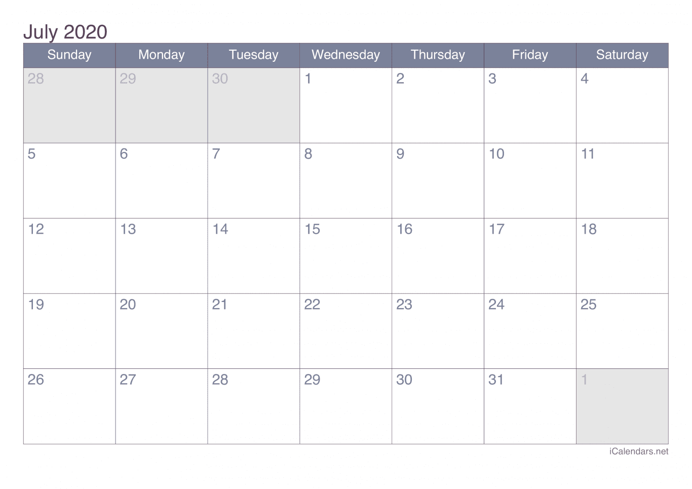 2020 July Calendar - Office