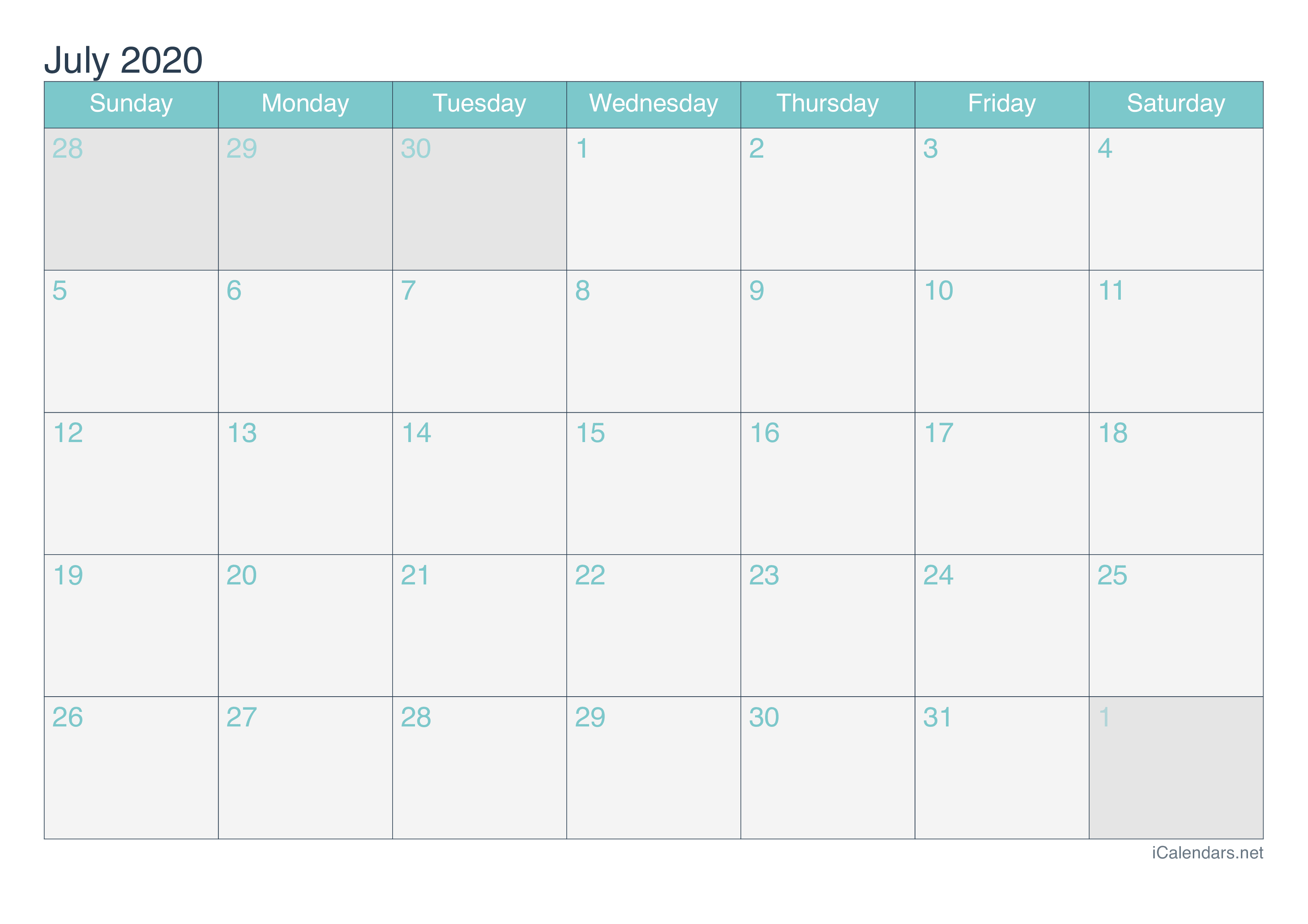 2020 July Calendar - Turquoise