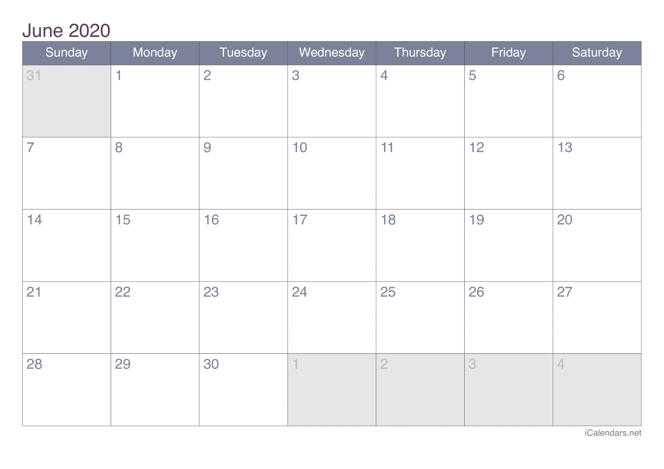 2020 June Calendar - Office